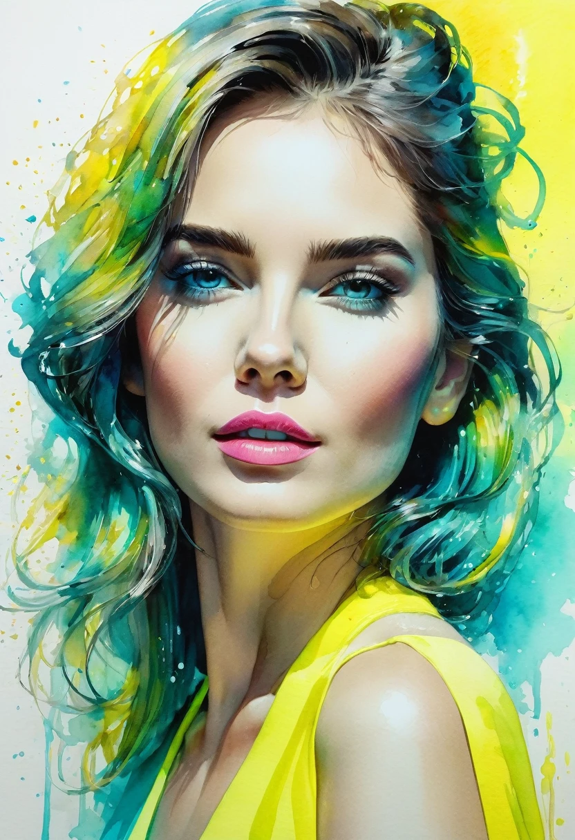 watercolor painting of a beautiful woman in a neon, High detail, portrait, light studio, colorful, high precision, strong, classic, water color ink, yellow and turquoise, ultra clear
