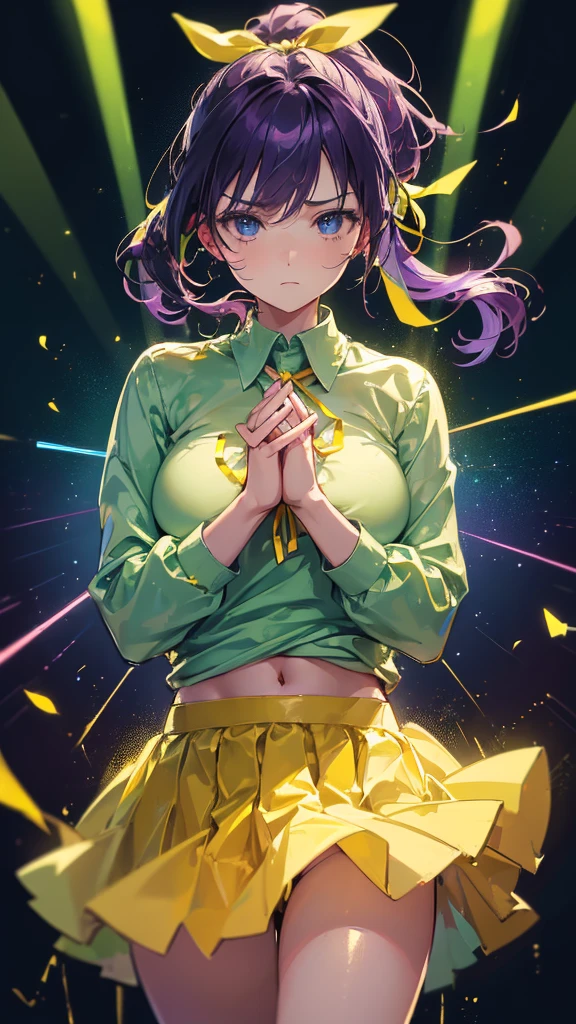 Highest quality, Super detailed, Highest quality, Very detailed, beautiful, masterpiece, 8k, 
Breaking colorful background, Refraction Glowing white lines ,Crossing Light,Particles of light break 1 Woman, Purple Hair, Long Hair, High Ponytail, (Hair Ribbon :1.2) , Yellow Ribbon, Ribbon in hair, blue eyes, Very detailed目,Stand Collar Shirt, (Light green shirt:1.5), mooring,( yellow pants:1.1) ,Abdominal muscles, belly button, (A shirt with the hem tied in front:1.0), Showing cleavage,
break
Upper body, (praying:1.5),(own hands together:1.5),(great joy;1.5) ,(Make a frown:1.1), (Staring at the audience:1.5), ,(Ecstasy:1.3) ,(Vulgarity:1.3),(Wet:0.8),(Drooling:0.6),(Sweat:0.8),