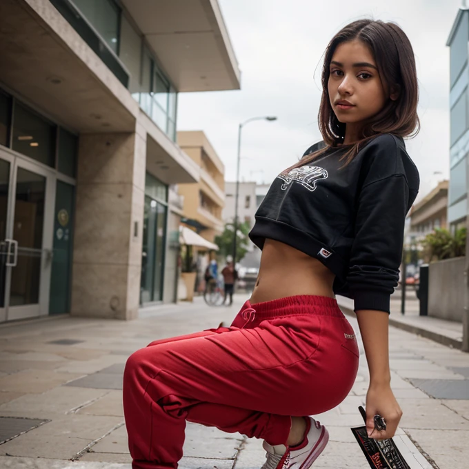 17 year old girl, mexican,slim build, Height 1.69 meters, with hip hop clothes, beauty, with a somewhat voluminous body, fully dressed in pants and sneakers with a sweatshirt, estilo hip hop en una plaza mexican en una competencia de rap