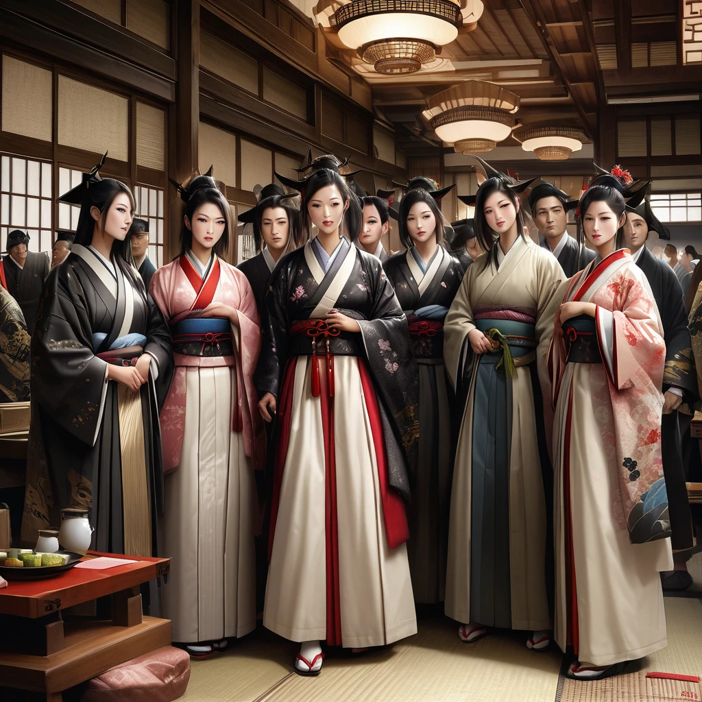Date Masamune surrounded by several concubines, traditional Japanese clothing, luxurious setting, realistic and detailed"