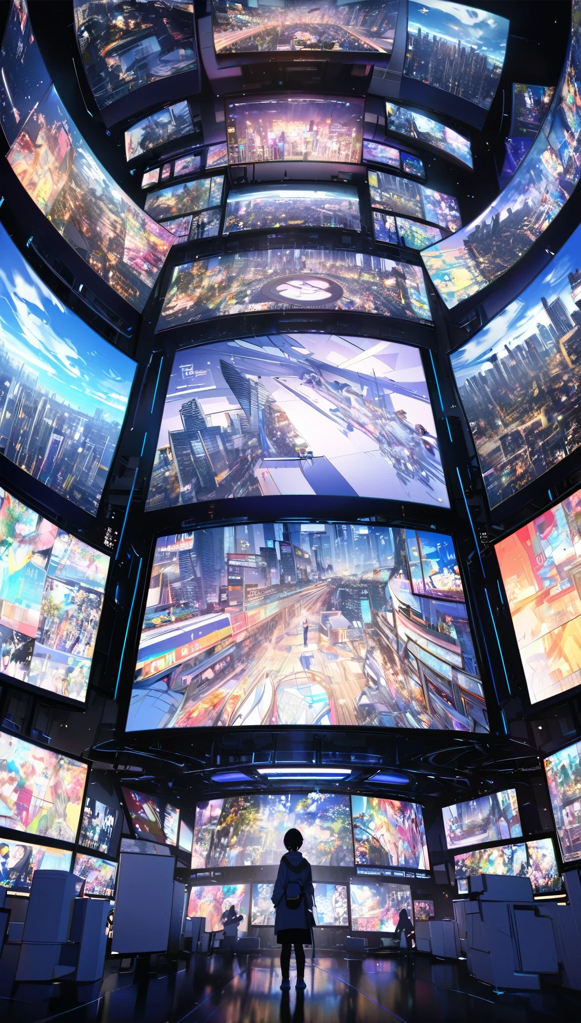 Art in Art、Conceptual Installation Pop Art、Highest quality、Ultra high definition、16K、2.5D、Delicate and dynamic depiction、The floating display、People and streetscapes are projected onto the monitor screen、Dark Venue、Future City、Tokyo