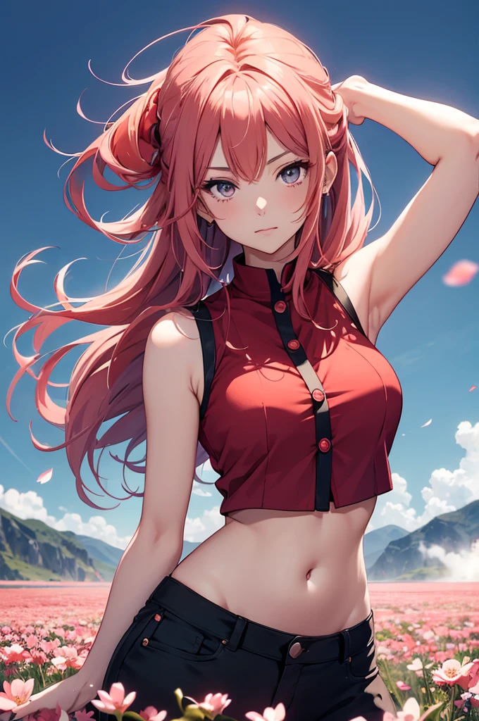 a beautiful anime tall girl who is opening buttons of her top ,  in red crop sleeveless  top , , one hand behind head  , , in a icy flower field , showing belly , at morning , stylish , , anime
