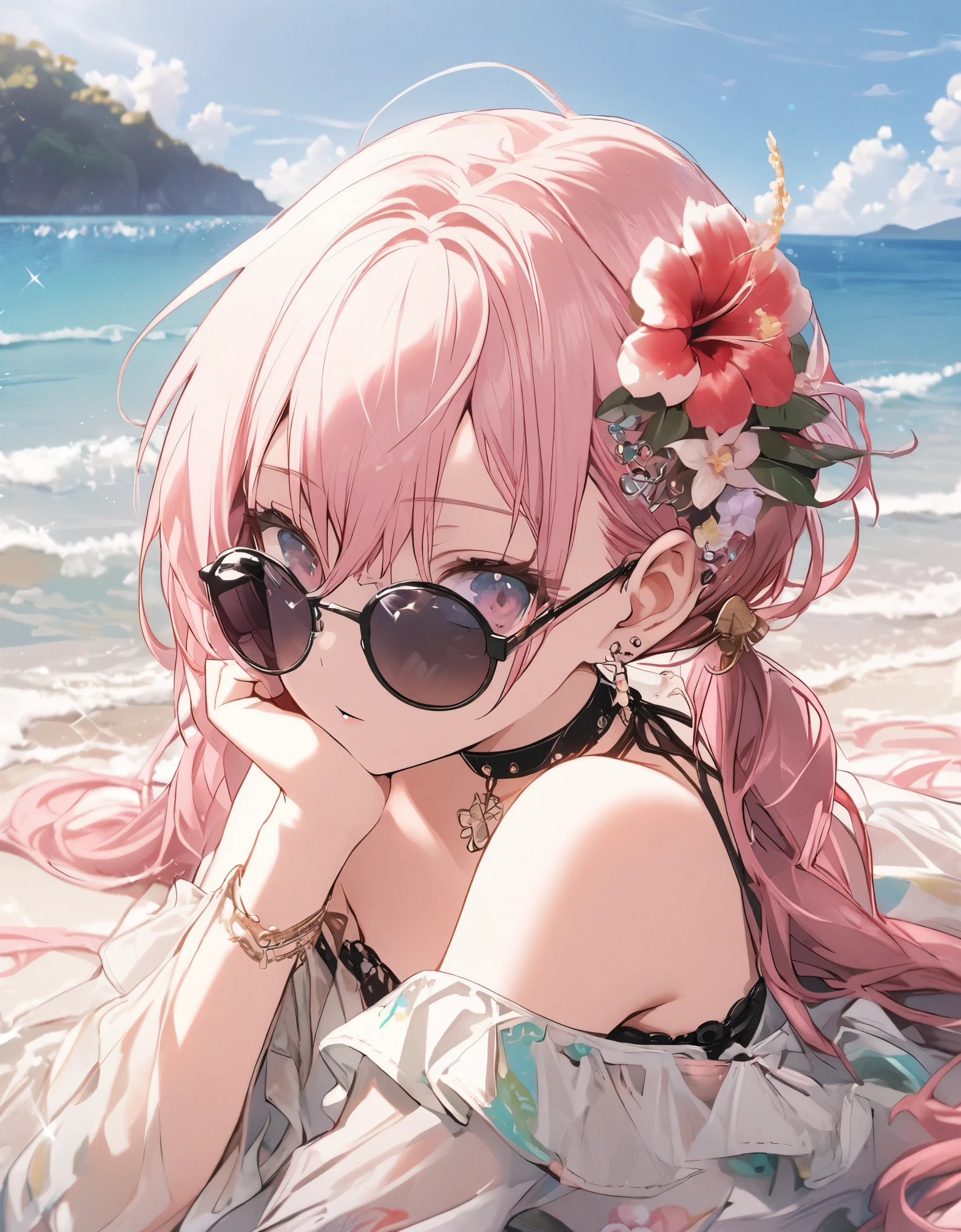1girl, , kawaii, long hair, bangs, hair ornament, hair between eyes,lie down, bare shoulders,wearing bikini, jewelry, flower, Pink hair,pony tail,(((wearing sunglasses))), earrings, choker, hair flower, from front, beautiful sea, Sea background,