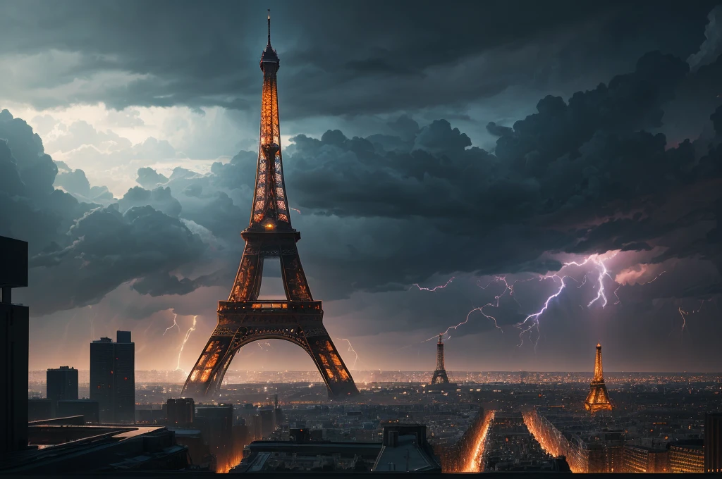 a lightning bolt striking the eiffel tower, hyperrealistic, 8k, highly detailed, dramatic lighting, cinematic, moody atmosphere, dramatic clouds, cinematic composition, vibrant colors, intense chiaroscuro lighting, dramatic angles, ethereal, magical, fantastical, surreal, epic scale, architectural masterpiece, intricate details, masterpiece, award winning, stunning, breathtaking, cinematic, digital art, octane render, realistic, photorealistic, unreal engine, physically based rendering, ray tracing, 8k, ultra detailed, highly detailed, cinematic lighting, dramatic shadows, dramatic highlights, dynamic composition, striking, powerful, awe-inspiring