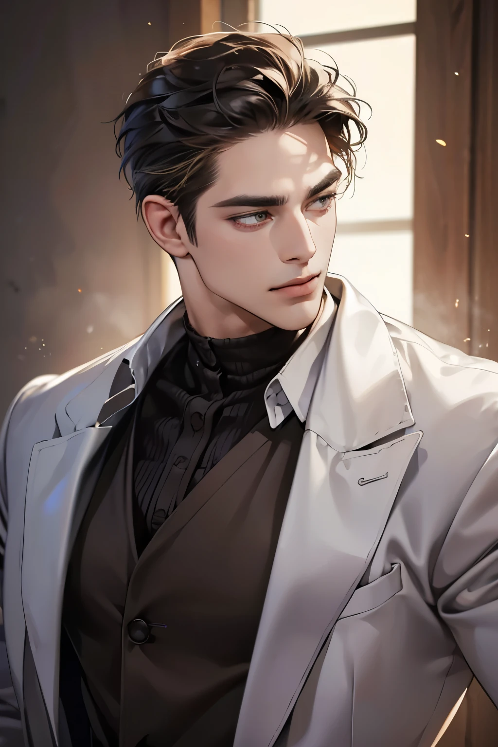 (best quality,4k,8k,highres,masterpiece:1.2),ultra-detailed,(realistic,photorealistic,photo-realistic:1.37),30 year old man,3 day beard,handsome anime,portraits,strong,masculine,dark hair,sharp jawline,mesmerizing eyes,perfectly styled hair,cool anime outfit,confident expression,vibrant colors,dynamic lighting, CEO and expression smile in love.