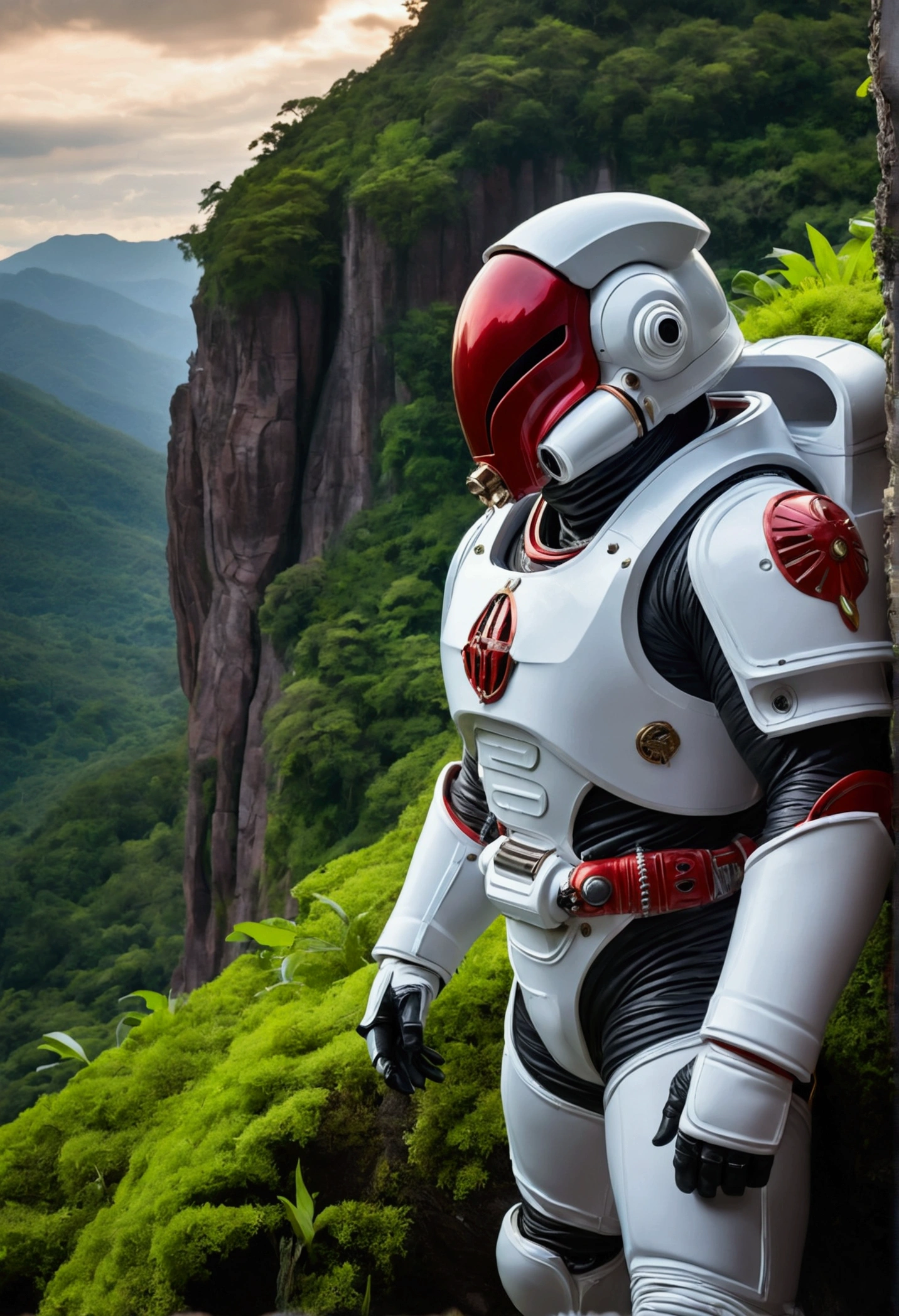 (35mmstyle:1.2), Highly detailed original color photos, Rear Angle, whole body, af (Male space marine, Wearing a white and red spacesuit, Futuristic helmet, Tin plated mask, Rebreathers, accentuated booty), Outdoor, (Stand on the cliffs of the tall Rocky Mountains, Gaze out over the magical lush green rainforest on an alien planet), Vivid details, (Alien Planet), Toned body, Big Ass, (sci-fi movie), (Mountains:1.1), (lush green vegetation), (two moons in sky:0.8), (Highly detailed, Ultra Detailed, Complex), (lens flare:0.7), (bloom:0.7), Particle Effects, Ray Tracing, Sensational lighting, Shallow depth of field, photographed on a Sony a9 II, 35mm wide angle lens, Sharp focus, 《Gravity 2013》Stills, View from behind, Dynamic Angle