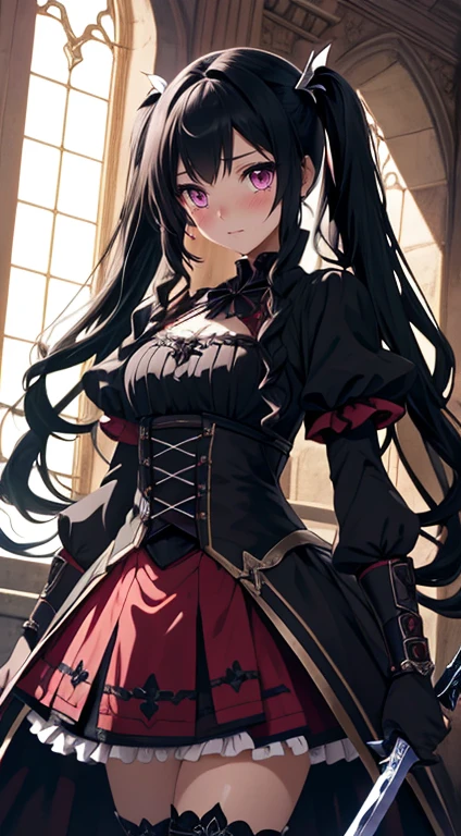 (Best Quality), dark fantasy, big sword, magical girl, Gothic, twin tails, realist, ultra detailed, High Definition, cheered up,  