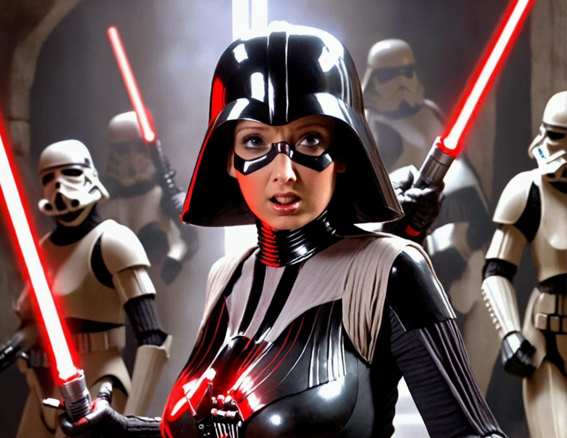 A cute woman (age 25, sexy Darth Vader outfit) is wielding one red light saber. She is battling her way through battle droids and Rebel soldiers. Menacing poses, sci fi horror