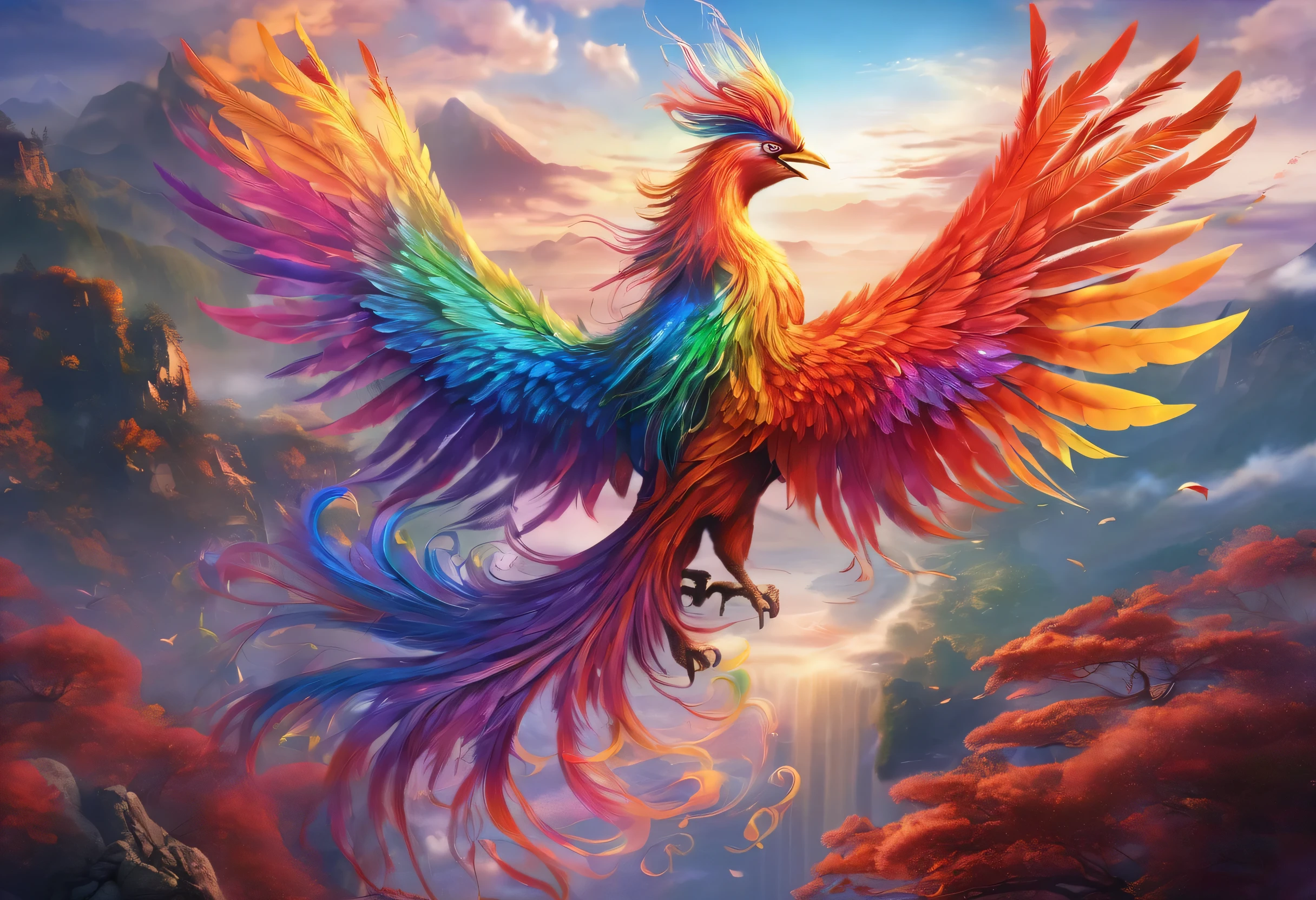 A realistic and beautiful phoenix is reborn , Very noticeable、There are many textured auras.The feathers are rainbow-colored、Flying gracefully through the sky、Fantastic landscape
