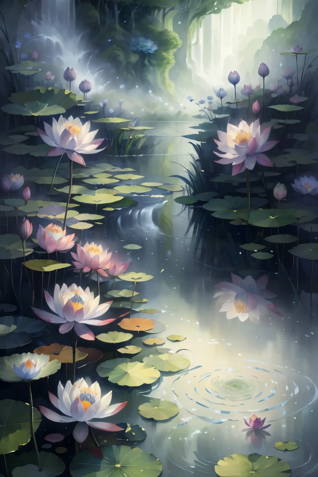 The original,(Implications:1.1),(Best quality),(masterpiece:1.1),(Extremely detailed CG unity 8k wallpaper),(One color:1.2),Water Lily,Water Lily花瓣,landscape,Rios|purely,