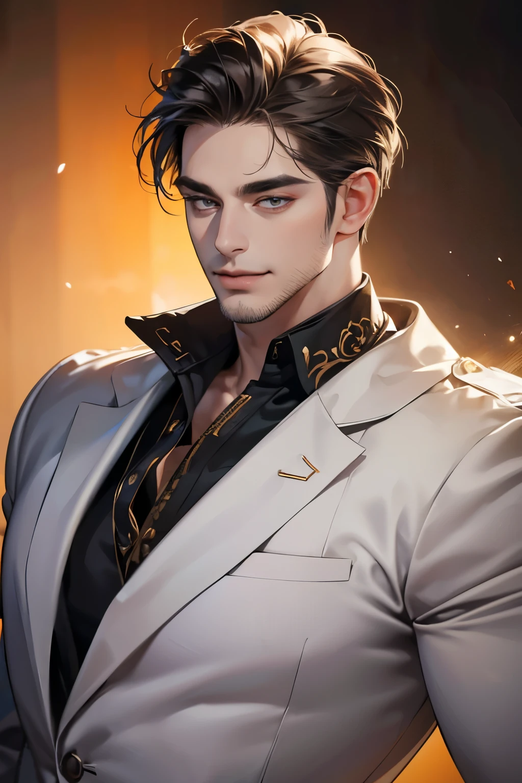 (best quality,4k,8k,highres,masterpiece:1.2),ultra-detailed,(realistic,photorealistic,photo-realistic:1.37),30 year old man,3 day beard,handsome anime,portraits,strong,masculine,dark hair,sharp jawline,mesmerizing eyes,perfectly styled hair,cool anime outfit,confident expression,vibrant colors,dynamic lighting, CEO and expression smile in love.
