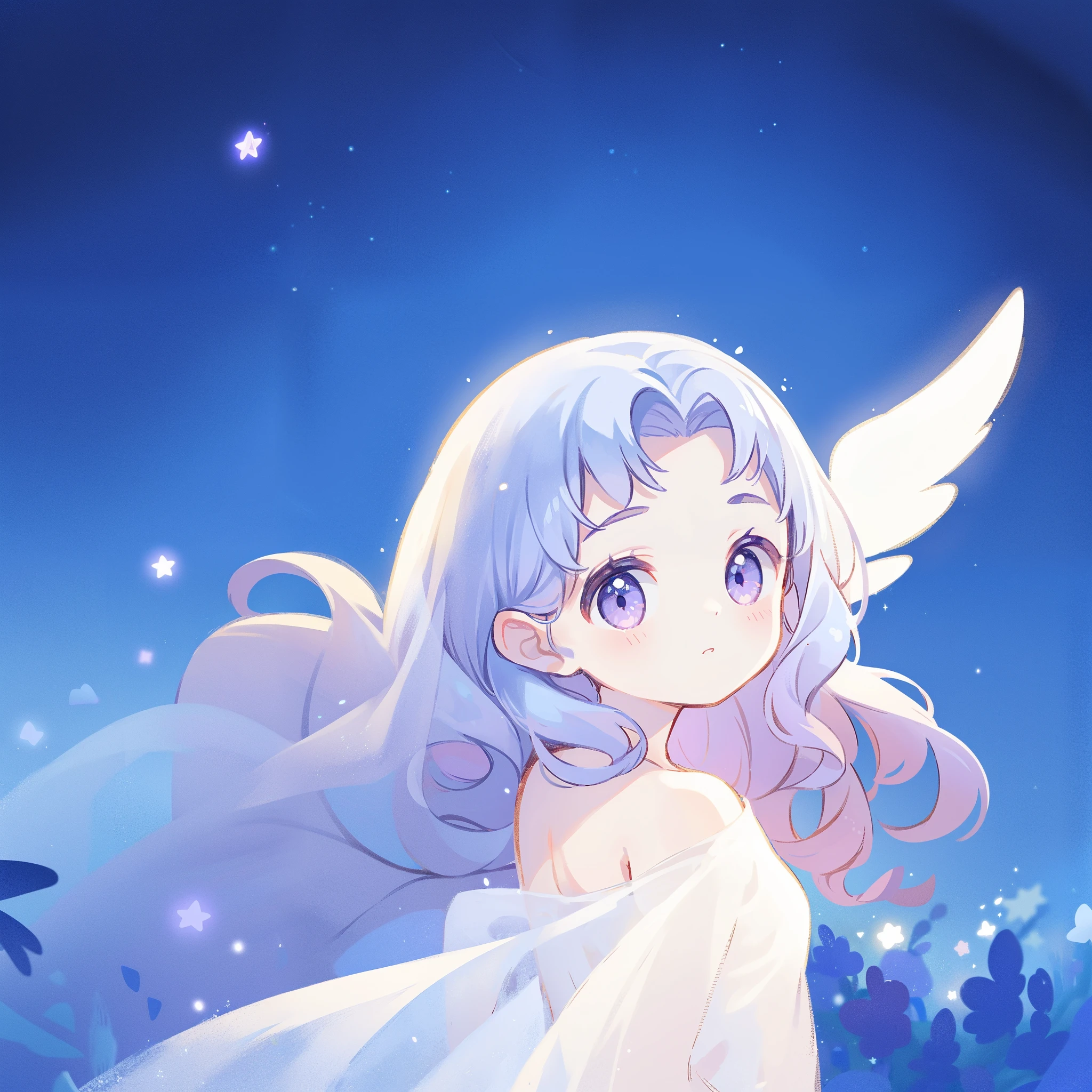 nude angel girl wearing an ethereal translucent dress, pale skin, ((wavy gradient blue purple hair)), white feathers, angel wings, sparkling detailed eyes, golden ratio face, perfect composition, highly detailed, ethereal, (starry night sky background), midjourney style