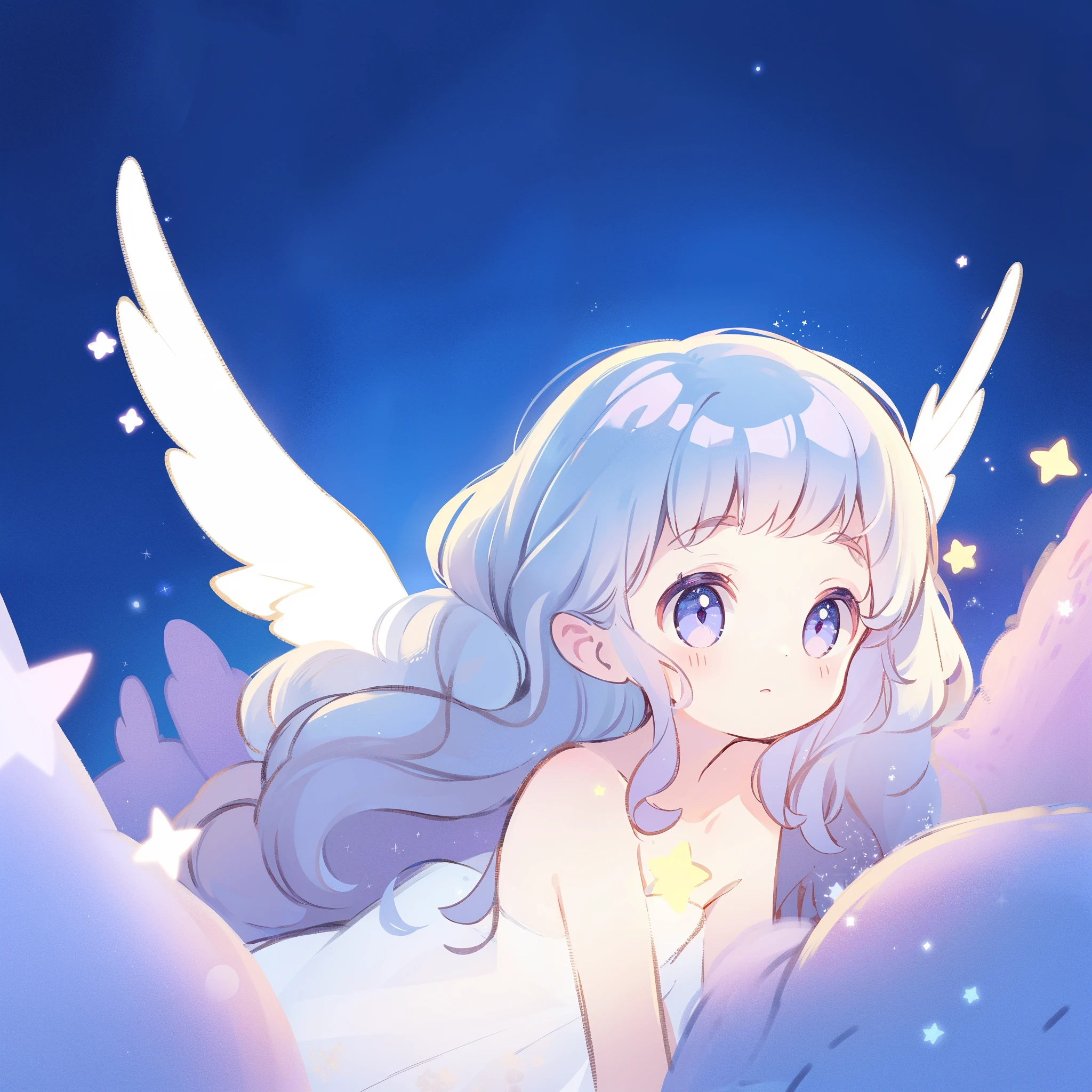 nude angel girl wearing an ethereal translucent dress, pale skin, ((wavy gradient blue purple hair)), white feathers, angel wings, sparkling detailed eyes, golden ratio face, perfect composition, highly detailed, ethereal, (starry night sky background), midjourney style