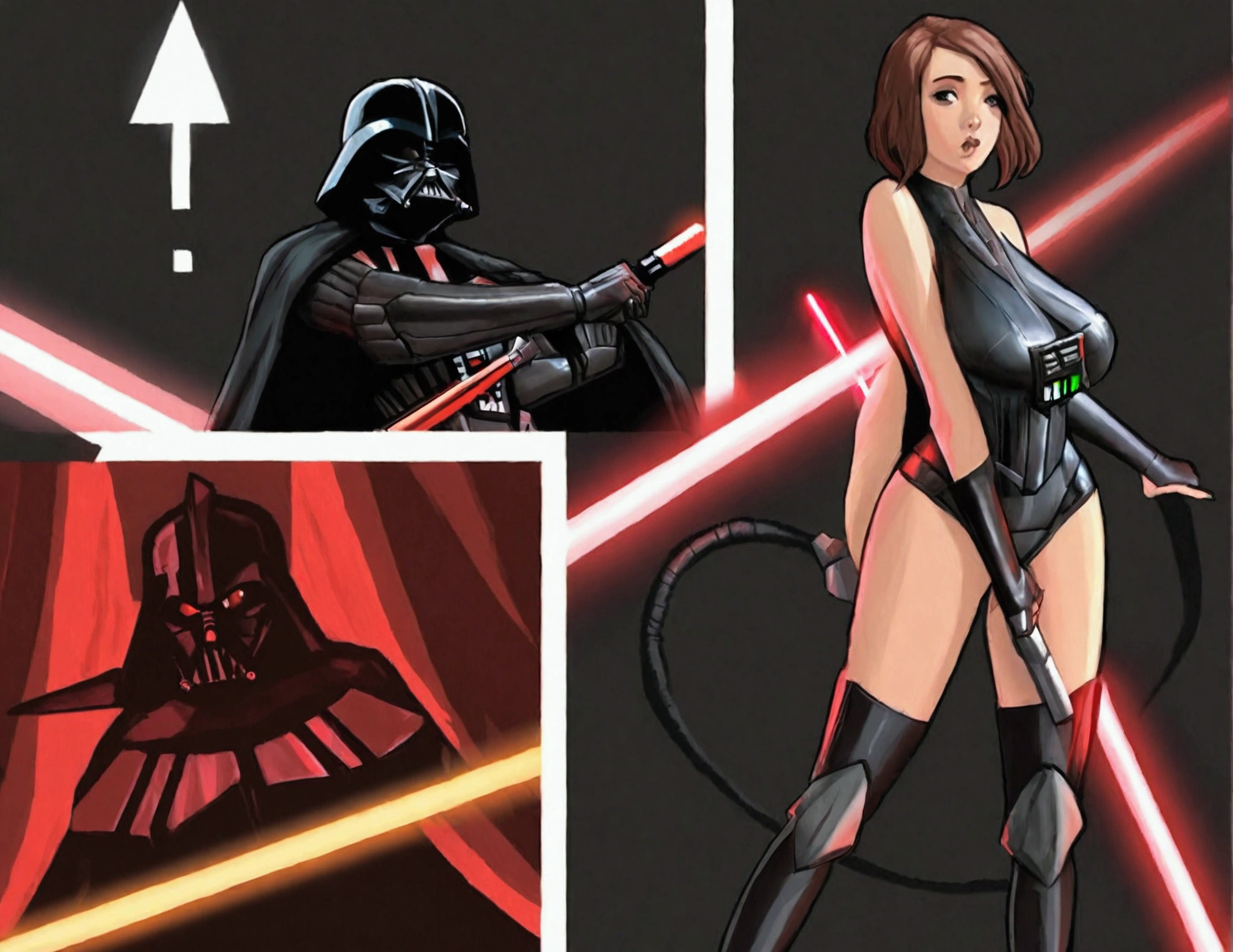 A cute woman (age 25, sexy Darth Vader outfit) is wielding one red light saber. She is battling her way through battle droids and Rebel soldiers. Menacing poses, sci fi horror
