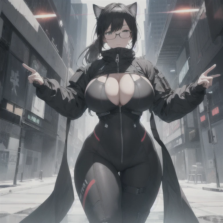 Absurd resolution,high resolution,(masterpiece: 1.4),hyper-detail,fullbody image,head to toe,reference sheet style image,solo,shorter,A-Posed,glasses,kemono feline cat futanari,no skin other than neck and head shown,watertight environmental suit,black hair,messy ponytail,cute face,detailed soft grey luminous eyes,huge massive hyper super swollen heavy milky breasts,breasts so big that cover her whole torso and are bigger than her head while being so big they reach her bellybutton,extremely super large swollen perky heavy bust,super huge enormously gigantic tits,gigantic breasts stretching/straining out of her outfit looking like they are about to burst out,breasts compressed squishing barely contained in outfit,inflated breasts,breast_expansion,super gigantic swollen heavy tits,wide full hips,narrower torso and shoulders,smaller torso,narrower waist,full thicc big soft thighs,thicc big full thighs,big rounded full soft butt,thicc butt,ruggedized utility styled outfit,fully insulated suit,full body outfit coverage with no skin showing or revealed,airtight/watertight zippers and seals,scifi monochrome black and grey fullbody covering protective padding rugged loose-fitted pilot utility suit with strategically placed protective padding,white watertight zipper utility cropped top for breasts support with a black strap horizontal across cleavage worn on top of suit,tactical strategic angular-patterned protective padding on hips and thighs and abdomen,practical/functional clothing,weather-proof durable clothing material,nylon clothing material,custom made clothing to fit and support large breasts,scifi padded rugged rigid high collar cropped cutout fitted techwear jacket,armored high collar,white and black triangular decals and techwear iconography on apparel and clothing,techwear gloves,ruggedized tech,ruggedized tech aesthetic,fitted utility pants,utility chaps,near future scifi,cyberpunk aesthetic,anime aesthetic,tactical aesthetic,nasapunk apparel,death stranding
