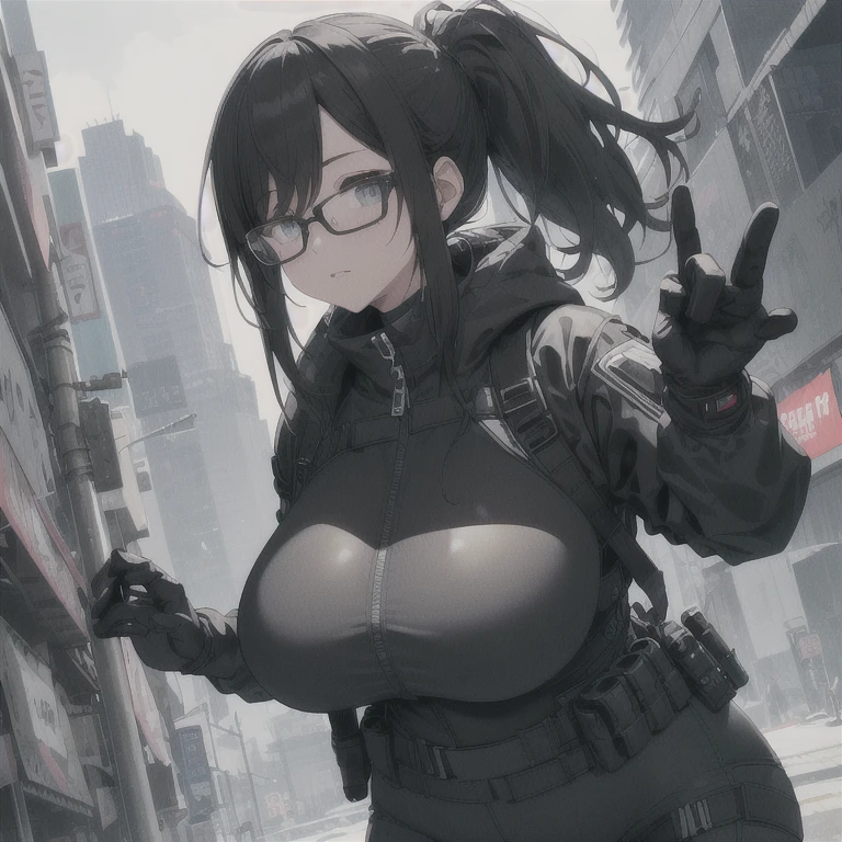 Absurd resolution,high resolution,(masterpiece: 1.4),hyper-detail,fullbody image,head to toe,reference sheet style image,solo,shorter,A-Posed,glasses,kemono feline cat futanari,no skin other than neck and head shown,watertight environmental suit,black hair,messy ponytail,cute face,detailed soft grey luminous eyes,huge massive hyper super swollen heavy milky breasts,breasts so big that cover her whole torso and are bigger than her head while being so big they reach her bellybutton,extremely super large swollen perky heavy bust,super huge enormously gigantic tits,gigantic breasts stretching/straining out of her outfit looking like they are about to burst out,breasts compressed squishing barely contained in outfit,inflated breasts,breast_expansion,super gigantic swollen heavy tits,wide full hips,narrower torso and shoulders,smaller torso,narrower waist,full thicc big soft thighs,thicc big full thighs,big rounded full soft butt,thicc butt,ruggedized utility styled outfit,fully insulated suit,full body outfit coverage with no skin showing or revealed,airtight/watertight zippers and seals,scifi monochrome black and grey fullbody covering protective padding rugged loose-fitted pilot utility suit with strategically placed protective padding,white watertight zipper utility cropped top for breasts support with a black strap horizontal across cleavage worn on top of suit,tactical strategic angular-patterned protective padding on hips and thighs and abdomen,practical/functional clothing,weather-proof durable clothing material,nylon clothing material,custom made clothing to fit and support large breasts,scifi padded rugged rigid high collar cropped cutout fitted techwear jacket,armored high collar,white and black triangular decals and techwear iconography on apparel and clothing,techwear gloves,ruggedized tech,ruggedized tech aesthetic,fitted utility pants,utility chaps,near future scifi,cyberpunk aesthetic,anime aesthetic,tactical aesthetic,nasapunk apparel,death stranding