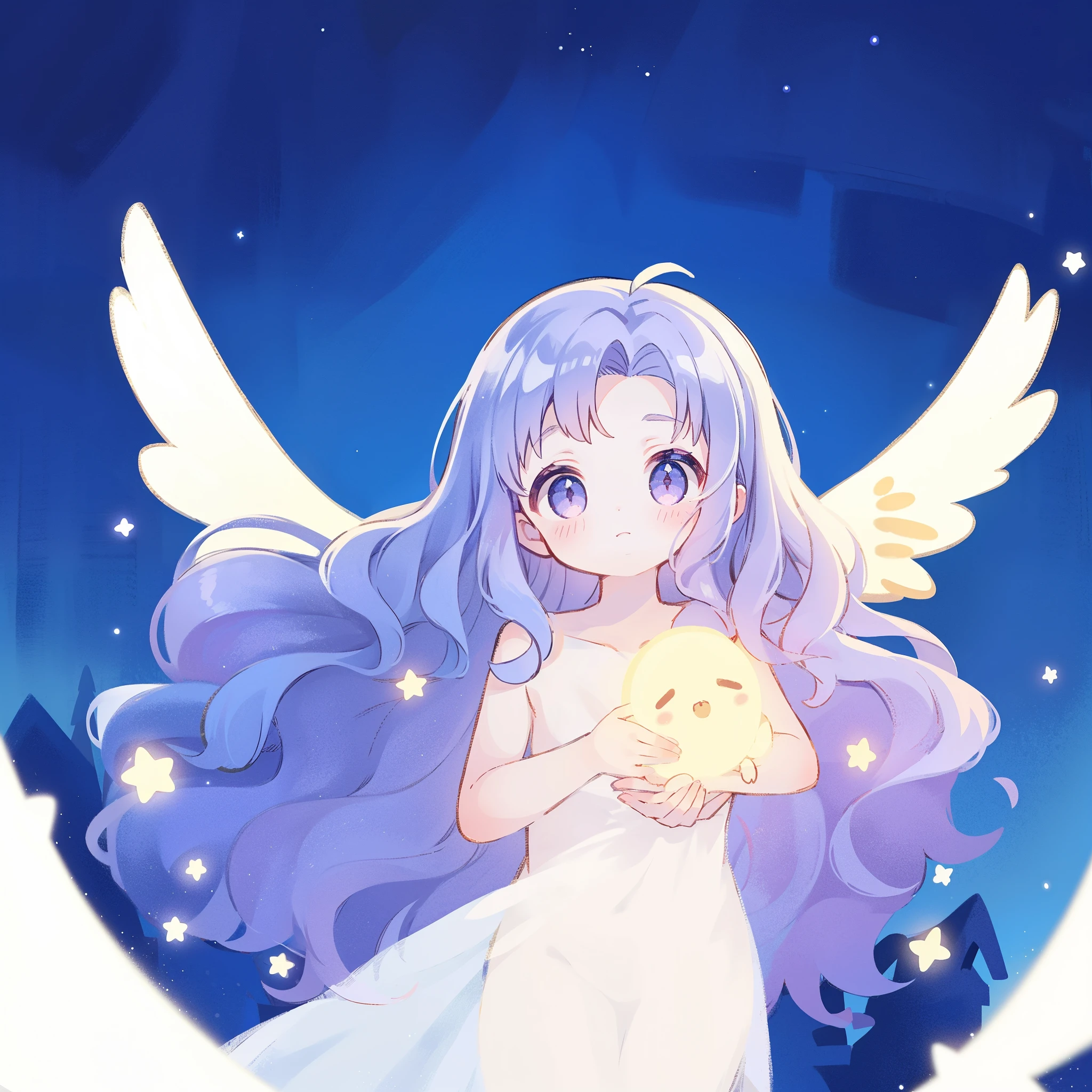 nude angel girl wearing an ethereal translucent dress, pale skin, ((wavy gradient blue purple hair)), white feathers, angel wings, sparkling detailed eyes, golden ratio face, perfect composition, highly detailed, ethereal, (starry night sky background), midjourney style