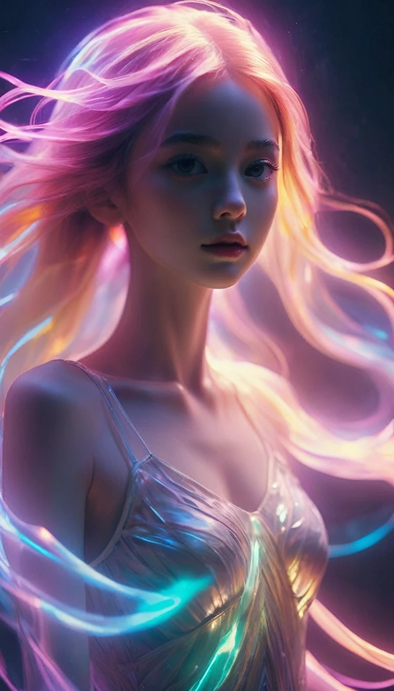 translucent luminous body,glow,bailing_model,1girl,pale skin,neon noir,long exposure,motion blur,1girl,(Glowing ambiance, enchanting radiance, luminous lighting, ethereal atmosphere, mesmerizing glow, evocative hues, captivating coloration, dramatic lighting, enchanting aura),