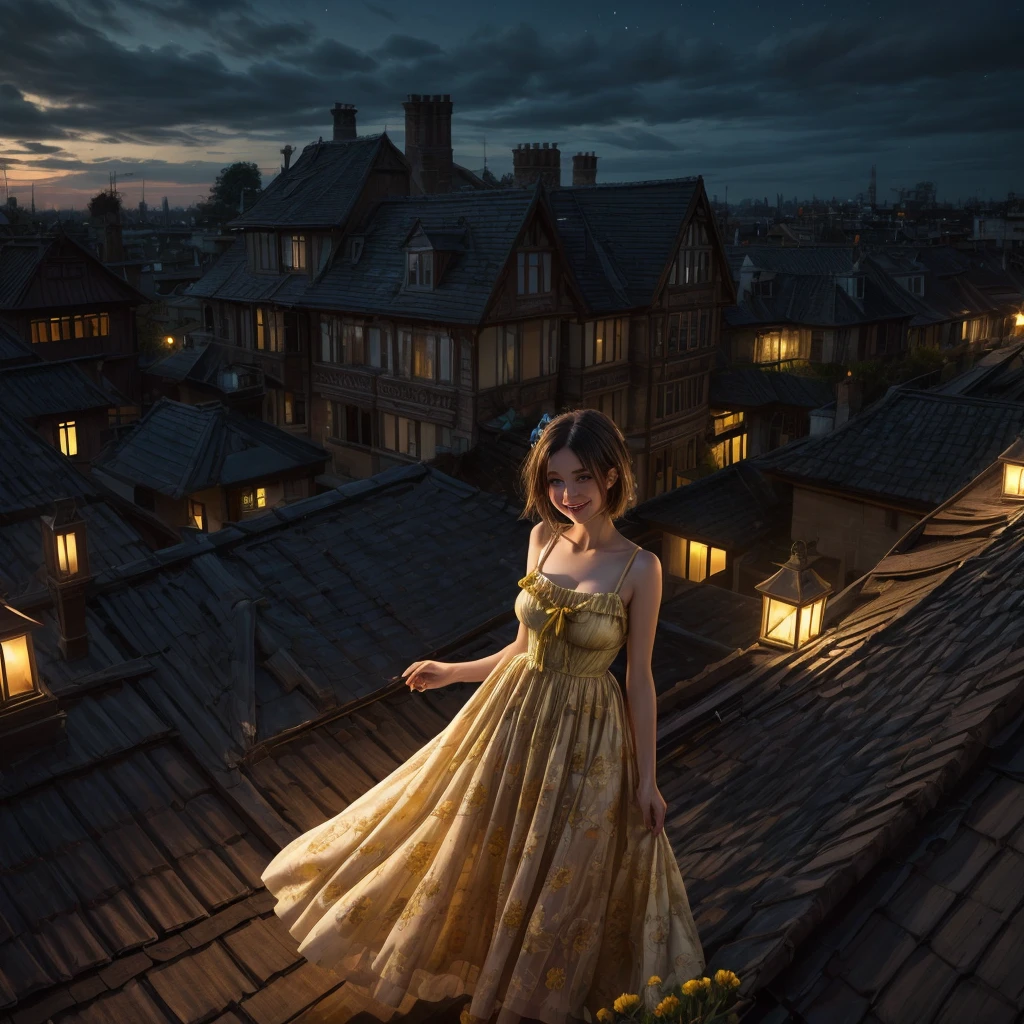 A very thin woman wearing a yellow flower sundress, with blue eyes, light brown hair, a long nose and a happy smile, and is standing drinking tea out in on a rooftop at night in a victorian house