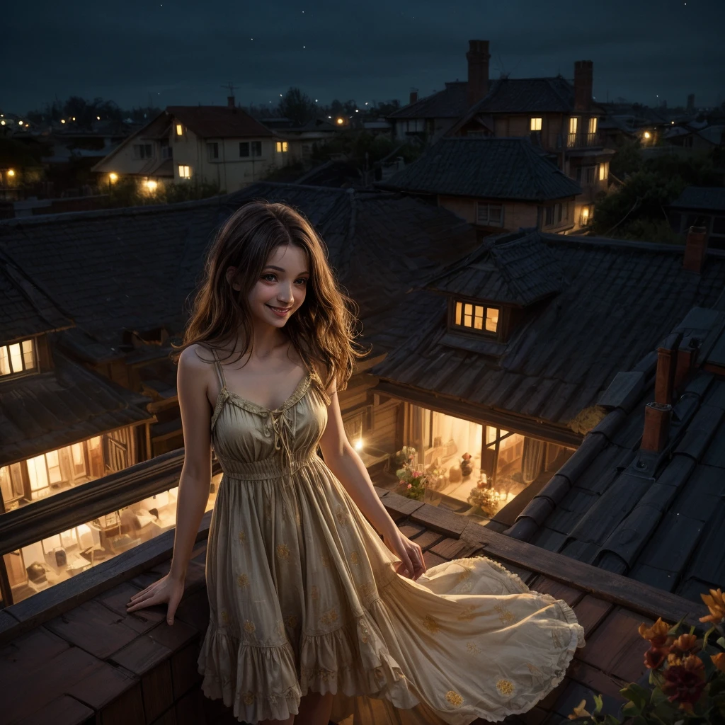 A very thin woman wearing a yellow flower sundress, with blue eyes, light brown hair, a long nose and a happy smile, and is standing drinking tea out in on a rooftop at night in a victorian house