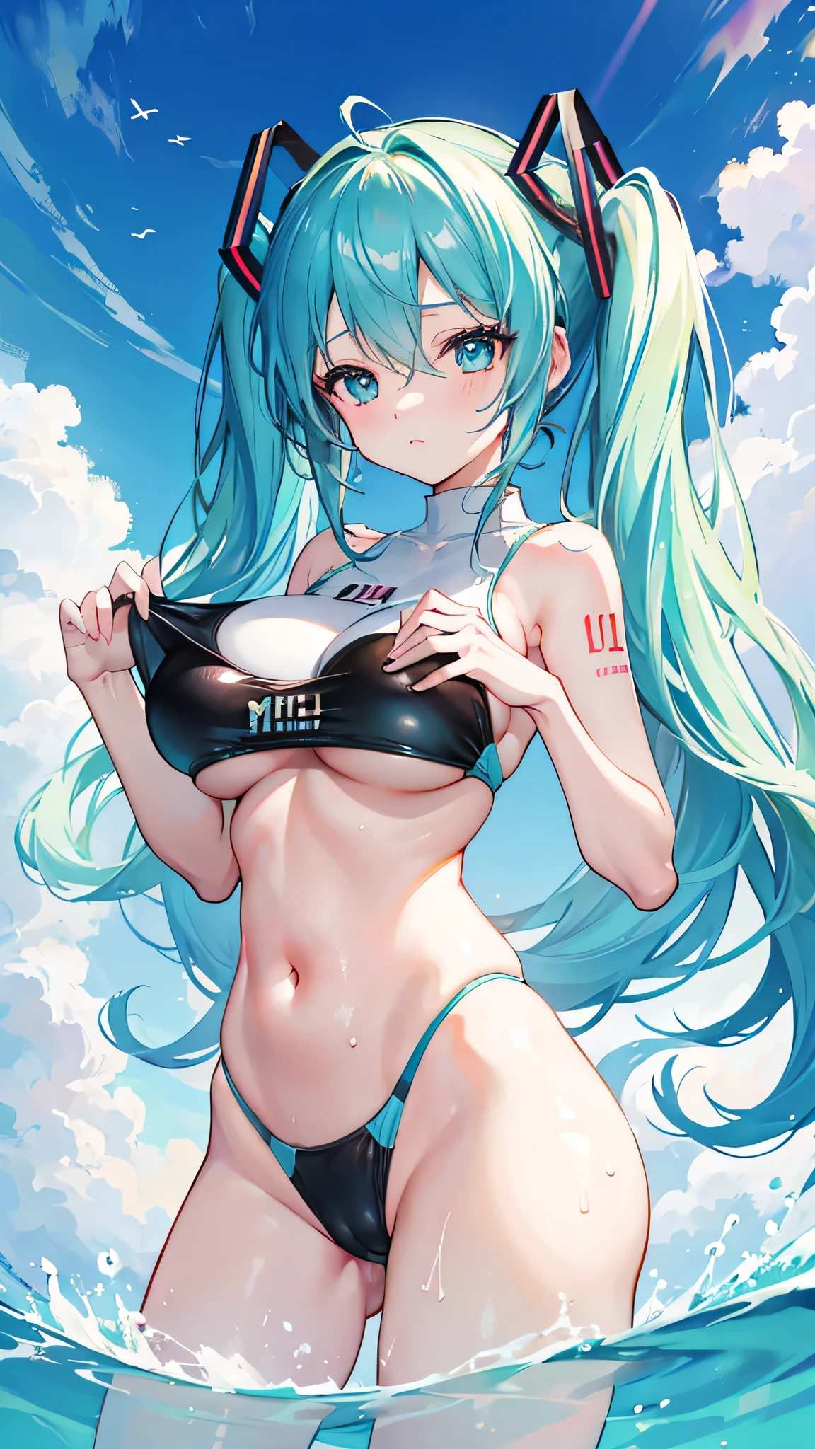 Hatsune Miku, Close-fitting swimsuit, huge tits, camel toe, wet