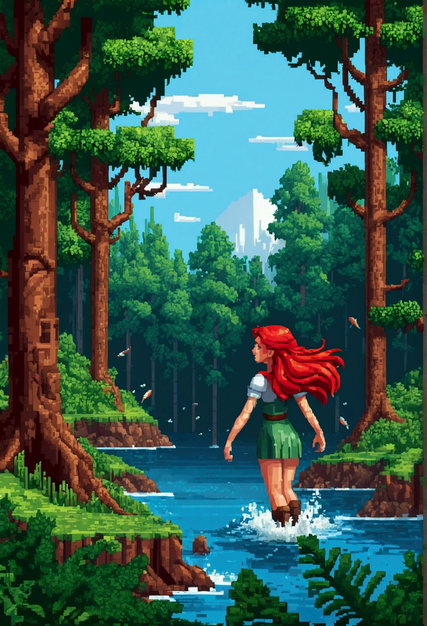 Pixel art of a red-haired woman in a forest, bela detailed pixel artwork, pixel art detalhado, Lo-fidel retro video games, pixel art Conceitual, detailed pixel artwork, estilo pixel art, pixel city, pixel art animation, pixel art de alta qualidade, Dolphins jump from the surface of the sea, super detailed color lowpoly art, #pixel art:3, # pixel art, #pixel art,