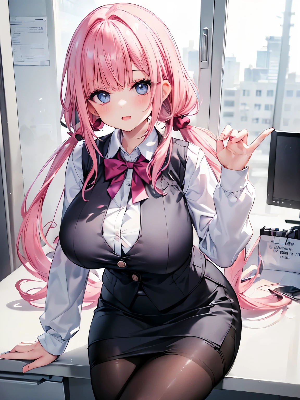 Best Quality,Detailed and cute eyes,Very cute face,(Solo Girl),(gigantic breasts:1.2),(Pink hair),(low twintails:1.4),Scrunchie,Big light blue eyes,Very happy smile,Open your mouth wide,View Viewer,BREAK,(Office Lady Costume,officeレディベスト,Wear a vest over a long-sleeved white collared shirt,Vest with buttons, tight black pencil skirt,Black Pantyhose:1.5),office,Cowboy Shot,(Sitting cross-legged,officeチェア,Dynamic Pose),