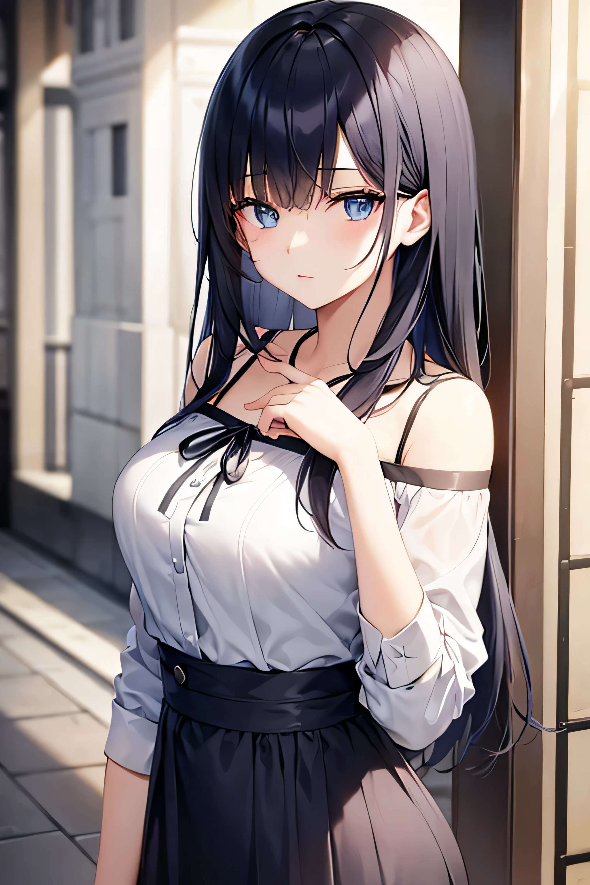 (best quality), (masterpiece), (high resolution), (intricate details:0.2),(professional lighting), room, detailed background, over sized black t shirt, off shoulder, (previous view), 1girl, solo, (beautiful face:1.40),  slim body, fine skin, smile, long ponytail brown hair, sky blue eyes, (Medium beasts:1.10), see at viewer,  
