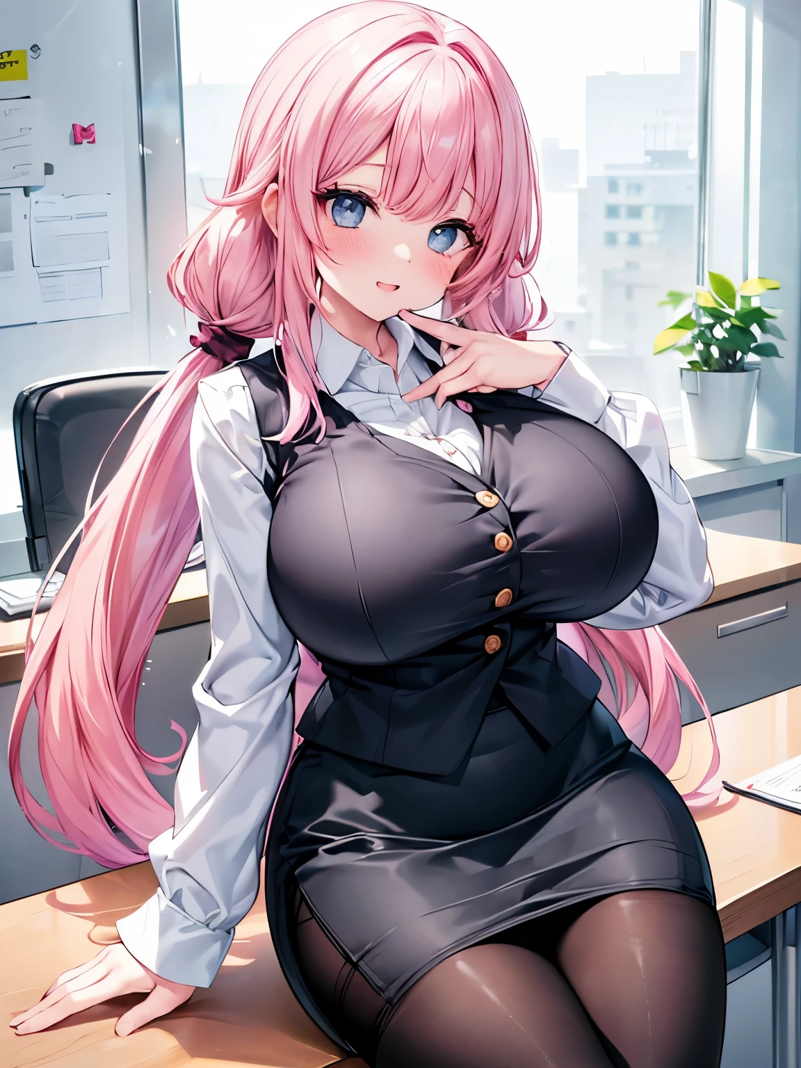 Best Quality,Detailed and cute eyes,Very cute face,(Solo Girl),(gigantic breasts:1.2),(Pink hair),(low twintails:1.4),Scrunchie,Big light blue eyes,Very happy smile,Open your mouth wide,View Viewer,BREAK,(Office Lady Costume,officeレディベスト,Wear a vest over a long-sleeved white collared shirt,Vest with buttons, tight black pencil skirt,Black Pantyhose:1.5),office,Cowboy Shot,(Sitting cross-legged,officeチェア,Dynamic Pose),