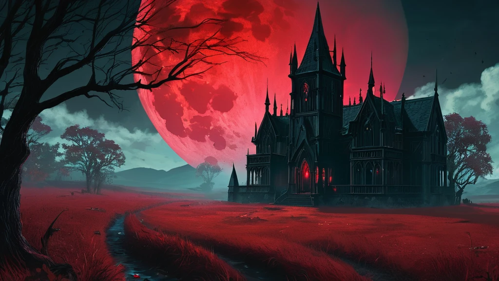 A towering mansion, almost cathedral-like in its grandeur, stands isolated in a wild grass field under the eerie light of a blood-red moon. The mansion’s gothic spires and intricate stonework cast long, ominous shadows over the swaying grass. Dark clouds swirl around the crimson moon, adding to the foreboding atmosphere. The wild grass, untamed and overgrown, rustles in the cold night breeze, while the mansion’s windows, dark and uninviting, seem to watch over the desolate landscape, creating a chilling sense of dark medieval fantasy