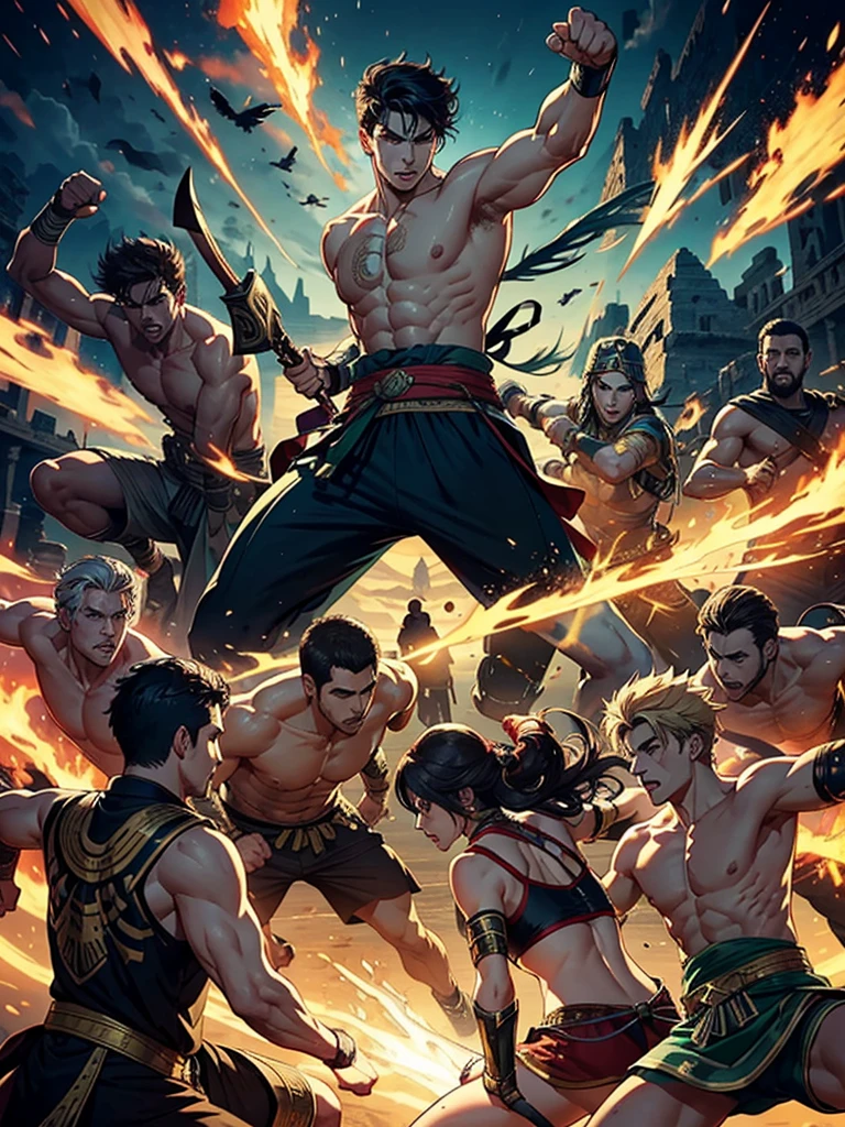 I want a fight between 7 warriors including Greek God, gentlemen, Celtic defenders and Egyptian gods showing their skills