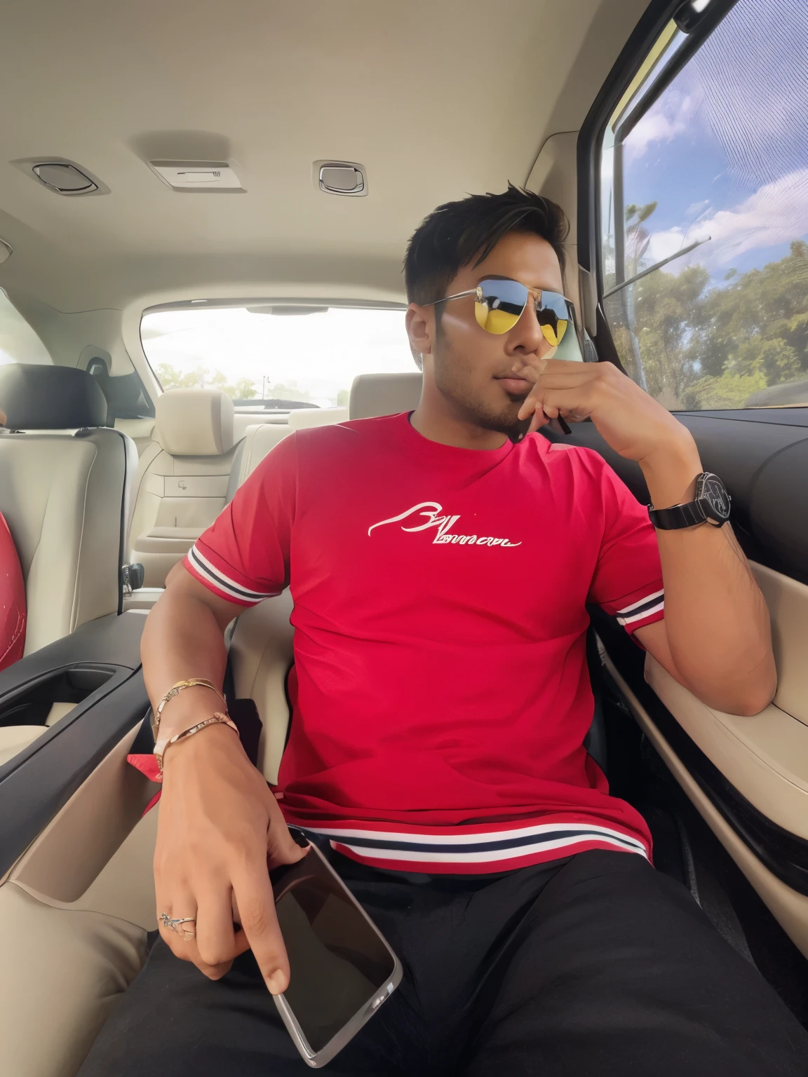 Wear sunglass, sunroof on car