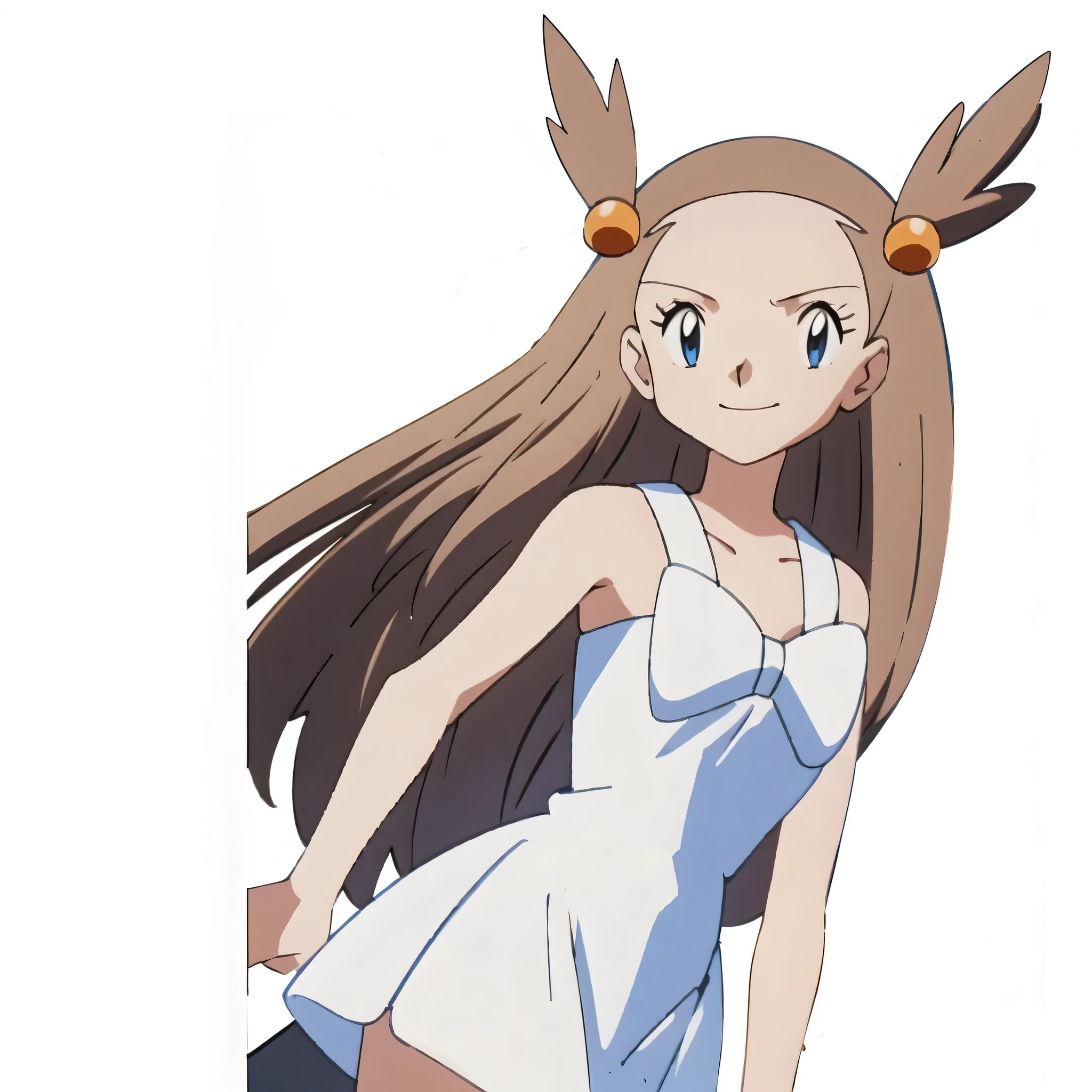 (masterpiece, best quality:1.2,ultra detailed,8k),1girl,solo,Jasmine \(pokemon\),bare shoulders,white sundress,Blue eyes,brown hair,long hair,looking at viewer,sleeveless,two side up,white bow,hair ornament,smile,cowboy shot,Redraw it with a beautiful anime picture、Never change the details, the design, or the details.