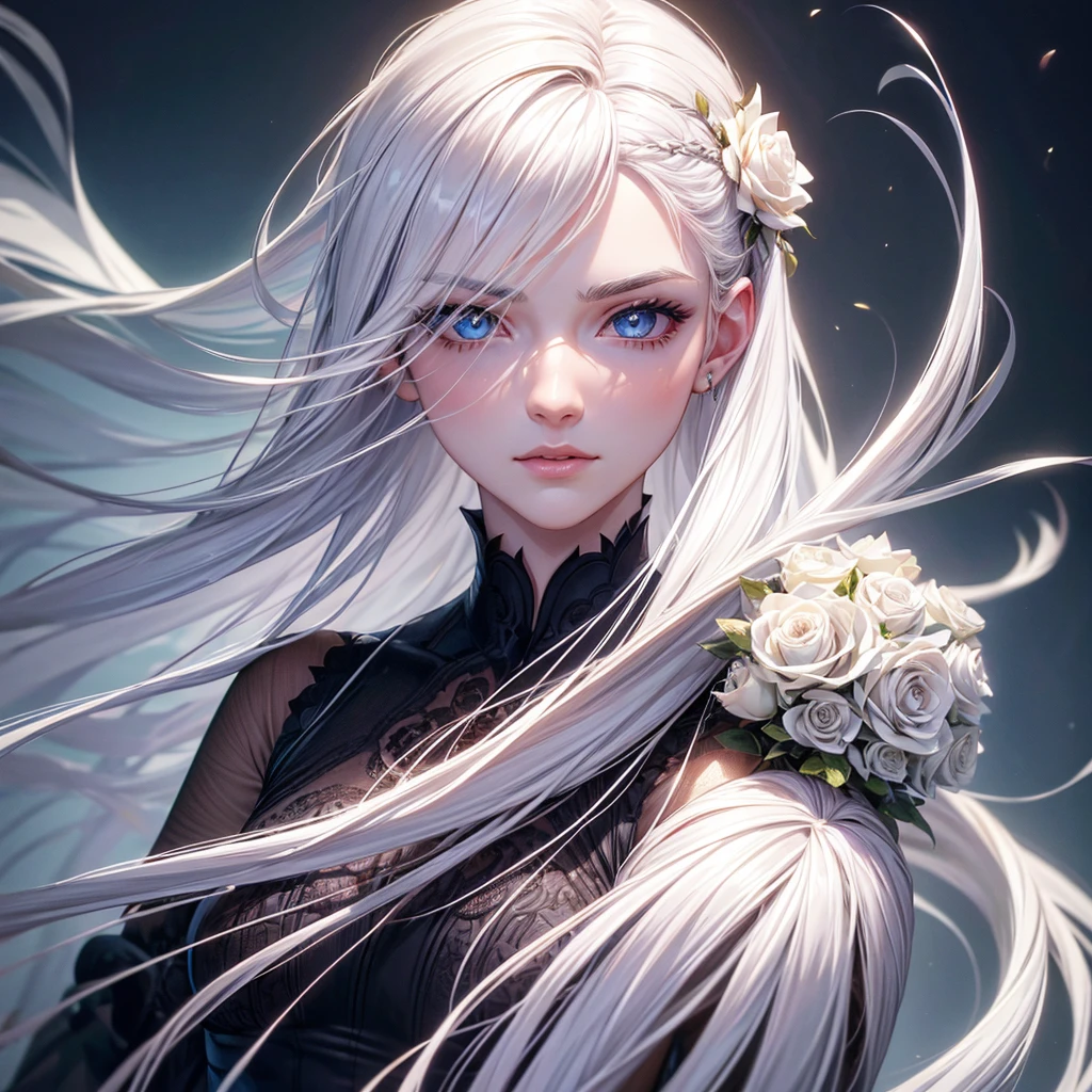 masterpiece, top quality, (One focus), (perfect face:1.1), (high detail:1.1), (hyper detailed eyes), dramatic, 1 guy, (pale skin), long white hair, Ethereal eyes, (light eyebrows), One, long hair, ŽTiago Azevedo, moon, night, white luxury suit, Plump lips, wool, proud expression,USA, detailed background, Art by artgerm, cinematic lighting, roses, fashion, BalenciagaStyle