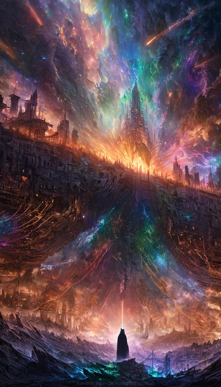 masked monsters, destroyed cities, iridescent cosmic rays, (ultra detailed, absolutely resolution, best quality:1.3), 2.5D, delicate and dynamic, fantastic lighting effects, foggy effects
