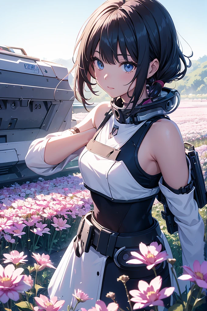 a beautiful anime , in robotic crop sleeveless top , , , , in a icy flower field , , at morning , stylish , , anime