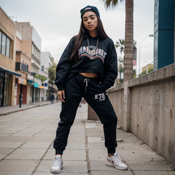 17 year old girl, mexican,slim build, Height 1.69 meters, with hip hop clothes, beauty, with a somewhat voluminous body, fully dressed in pants and sneakers with a sweatshirt, estilo hip hop en una plaza mexican en una competencia de rap