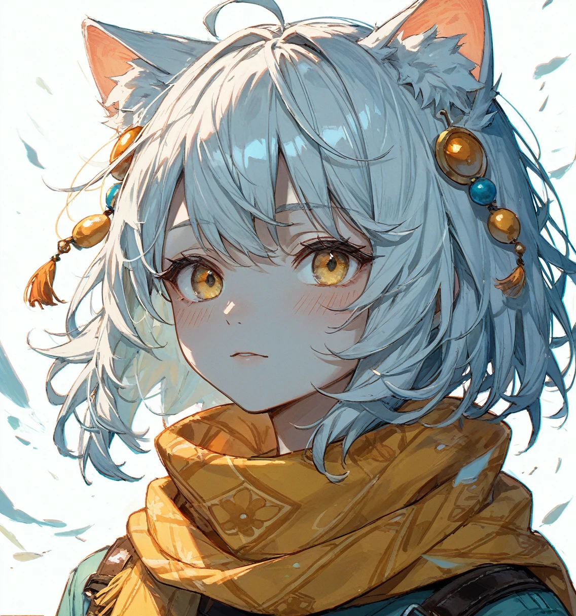 1 Girl, Xiao Shouyi, 
Animal ears, blush, Hair accessories, short hair, White background, Bangs, scarf,  Yellow eyes, White hair, portrait, Pale skin,  
