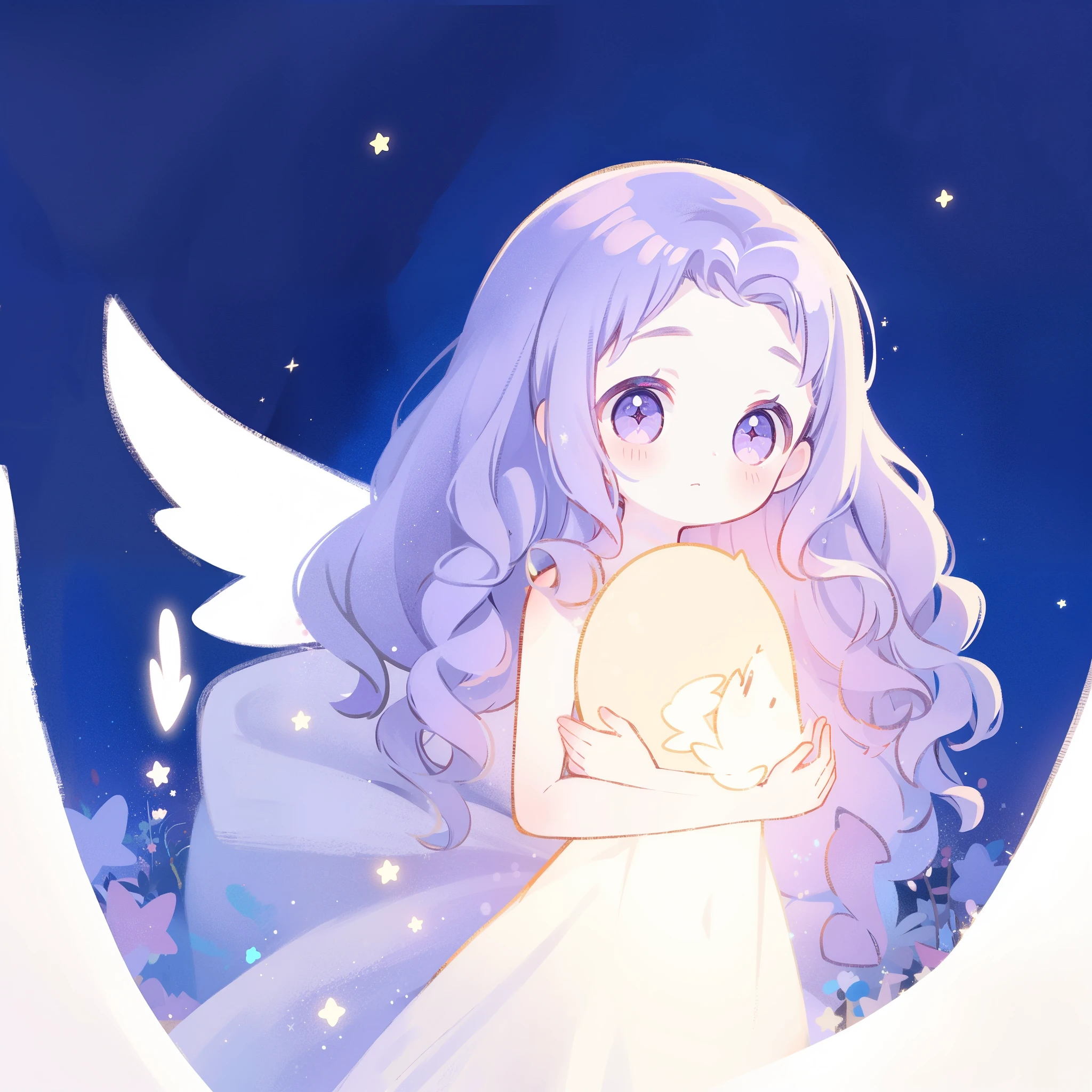 nude angel girl wearing an ethereal translucent dress, pale skin, ((wavy gradient blue purple hair)), white feathers, angel wings, sparkling detailed eyes, golden ratio face, perfect composition, highly detailed, ethereal, (starry night sky background), midjourney style