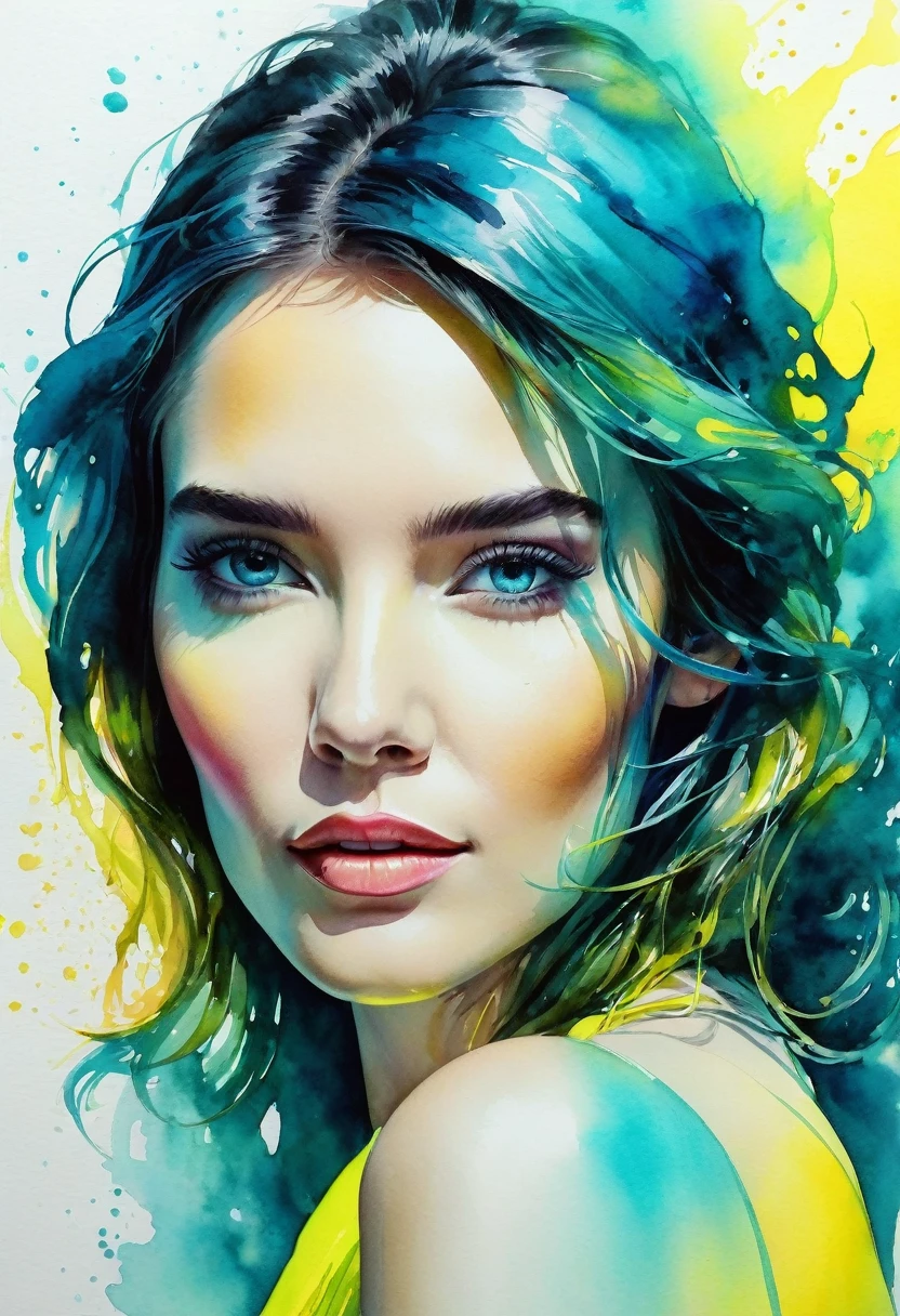 watercolor painting of a beautiful woman in a neon, High detail, portrait, light studio, colorful, high precision, strong, classic, water color ink, yellow and turquoise, ultra clear
