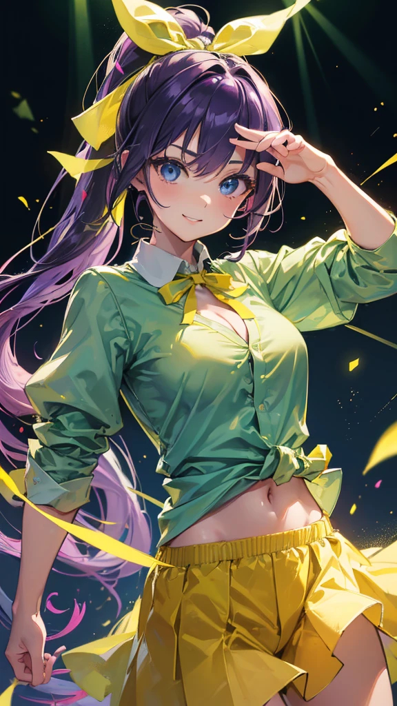 Highest quality, Super detailed, Highest quality, Very detailed, beautiful, masterpiece, 8k, 
Breaking colorful background, Refraction Glowing white lines ,Crossing Light,Particles of light break 1 Woman, Purple Hair, Long Hair, High Ponytail, (Hair Ribbon :1.2) , Yellow Ribbon, Ribbon in hair, blue eyes, Very detailed目,Stand Collar Shirt, (Light green shirt:1.5), mooring,( yellow pants:1.1) ,Abdominal muscles, belly button, (A shirt with the hem tied in front:1.0), Showing cleavage,
break
(Place palms together:1.5), Upper Body, (great joy;1.5), (Wicked Smile:1.2), ,(Make a frown:1.1), (Staring at the audience:1.5), ,(Ecstasy:1.3) ,(Vulgarity:1.3),(Wet:0.8),(Drooling:0.6),(Sweat:0.8),