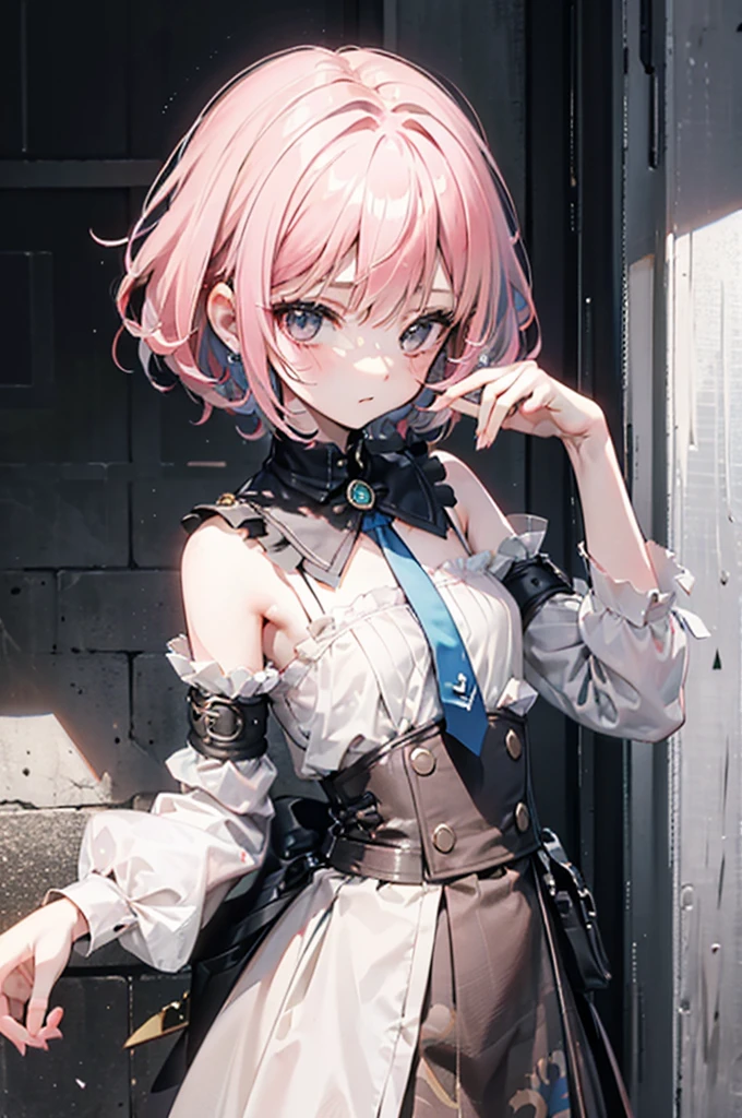 초상화, 1girl, solo, Steampunk, 소녀, ((pink_hair, short_hair, gray_eyes)), 츤데레, small_breasts, suspicious_face, blue_tie, white_blouse, arm brace