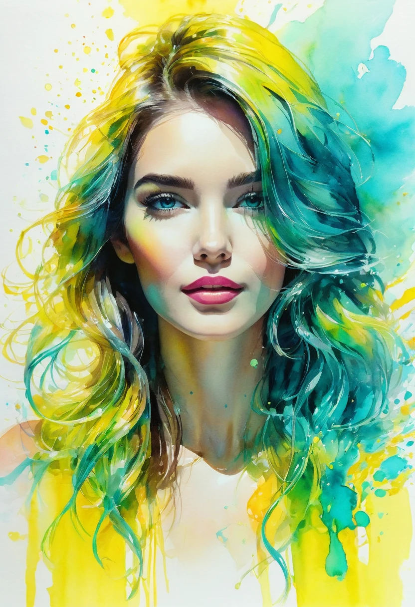 watercolor painting of a beautiful woman in a neon, High detail, portrait, light studio, colorful, high precision, strong, classic, water color ink, yellow and turquoise, ultra clear
