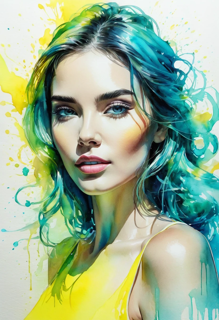watercolor painting of a beautiful woman in a neon, High detail, portrait, light studio, colorful, high precision, strong, classic, water color ink, yellow and turquoise, ultra clear

