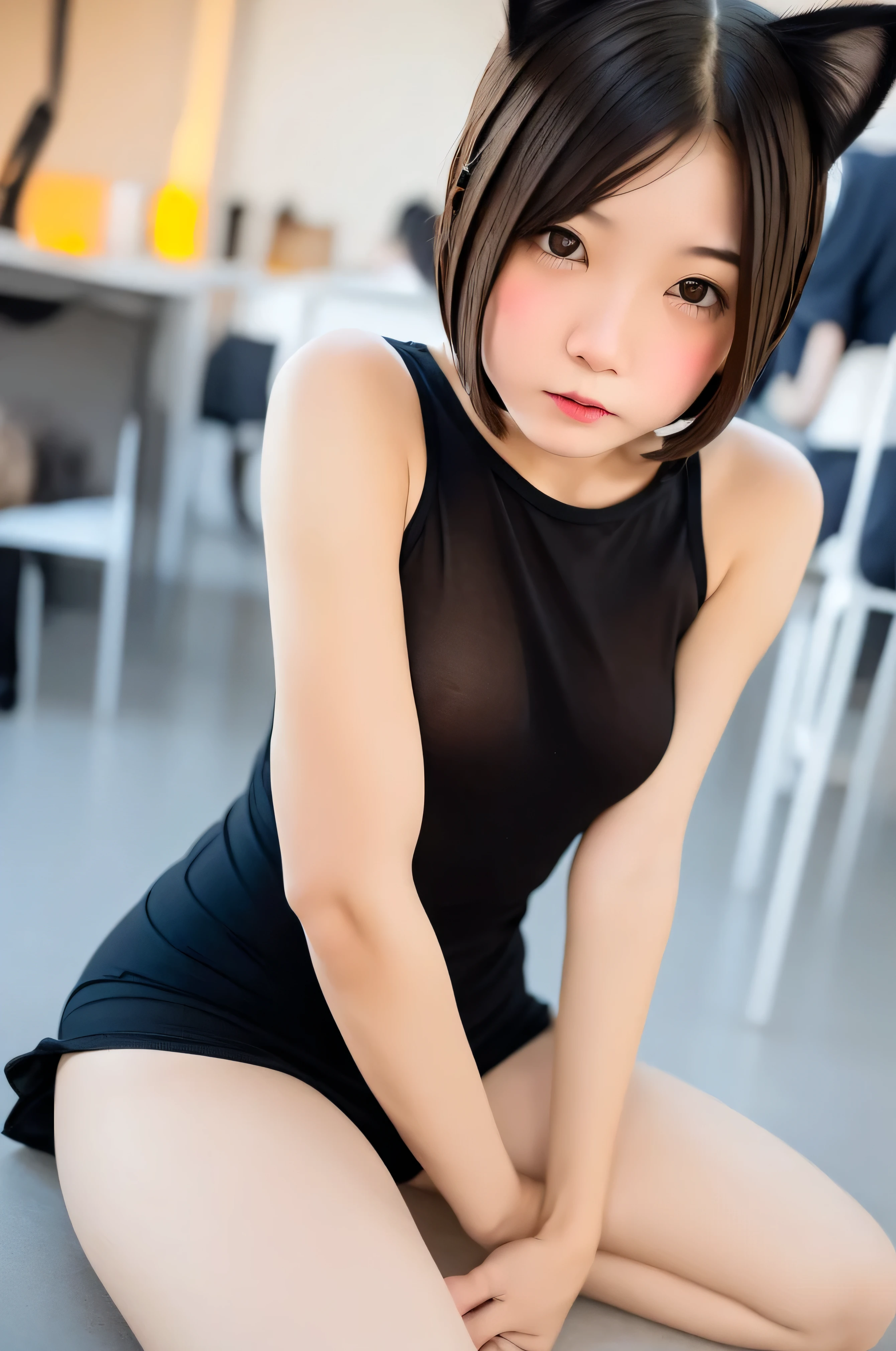 masterpiece, Bokeh, (Cat ear:1.4), Sitting on the beach at sunset, Looking at the audience, office lady, pantyhose,(masterpiece, Highest quality, It captures a very cute moment, Depth of written boundary, Super detailed, Ultra-high resolution, C4D, Octadale, 3D Modeling,Realistic human photos、 8k, 16K, One Girl,, 、Small breasts,Black Hair,short hair,Straight Hair,Light brown eyes,Cute Face), Bloomers, Black tank top, zettai ryouiki, Wet clothes,Classroom Nights,Moonlight, Good elevator, Take off、Real-life skin、Not an anime、Realistic、