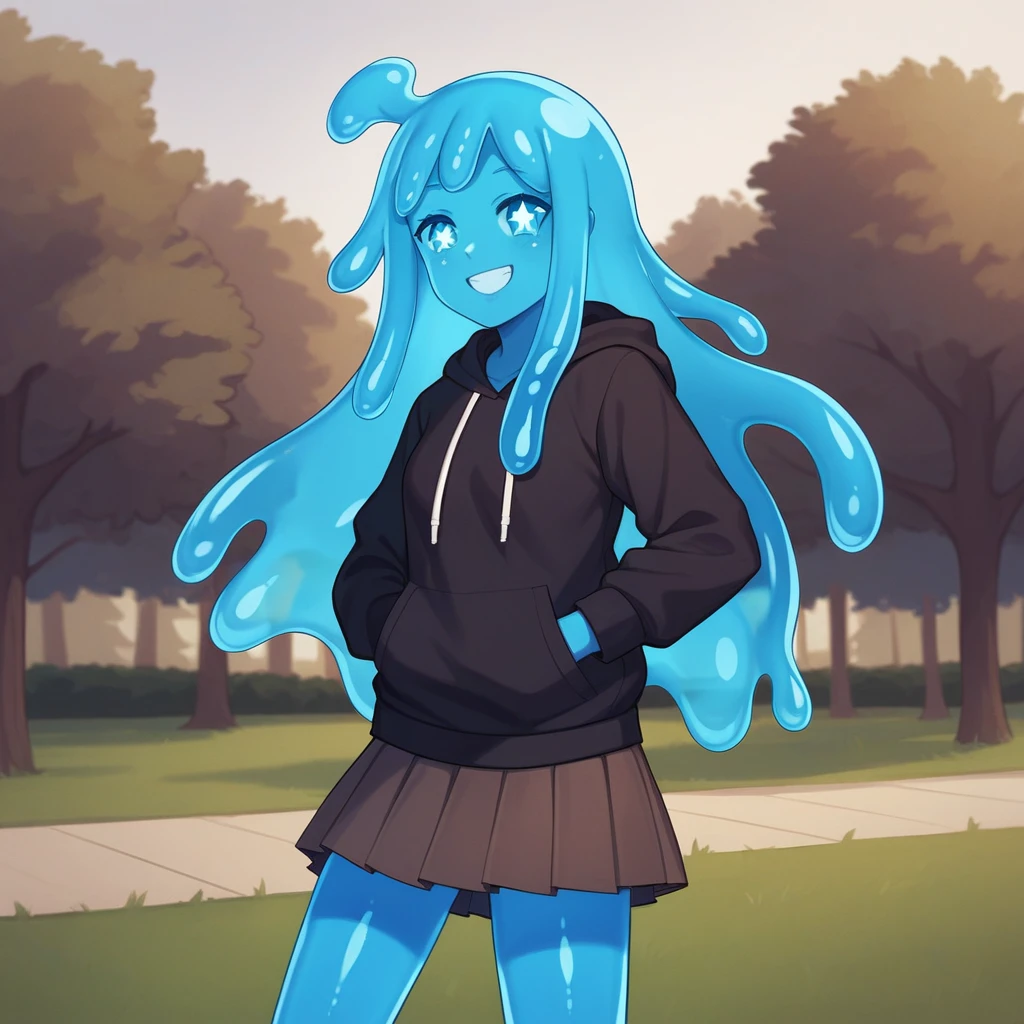source_anime, score_9, score_8_up, BREAK slime girl, smile, (sparkling eyes:1.1), hoodie, skirt, blue skin, slime hair, park