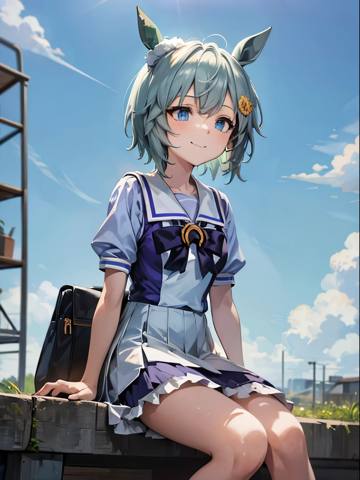 seiunsky, hairclip, hair flower, horse ears, horse tail, 1 girl, Solo, Cute Girl,Best Quality, Ultra-detailed, 8K, High resolution, detailed face, madeon, from below, looking far, smile, summer uniform, sitting on the breakwater, blue sky, summer,