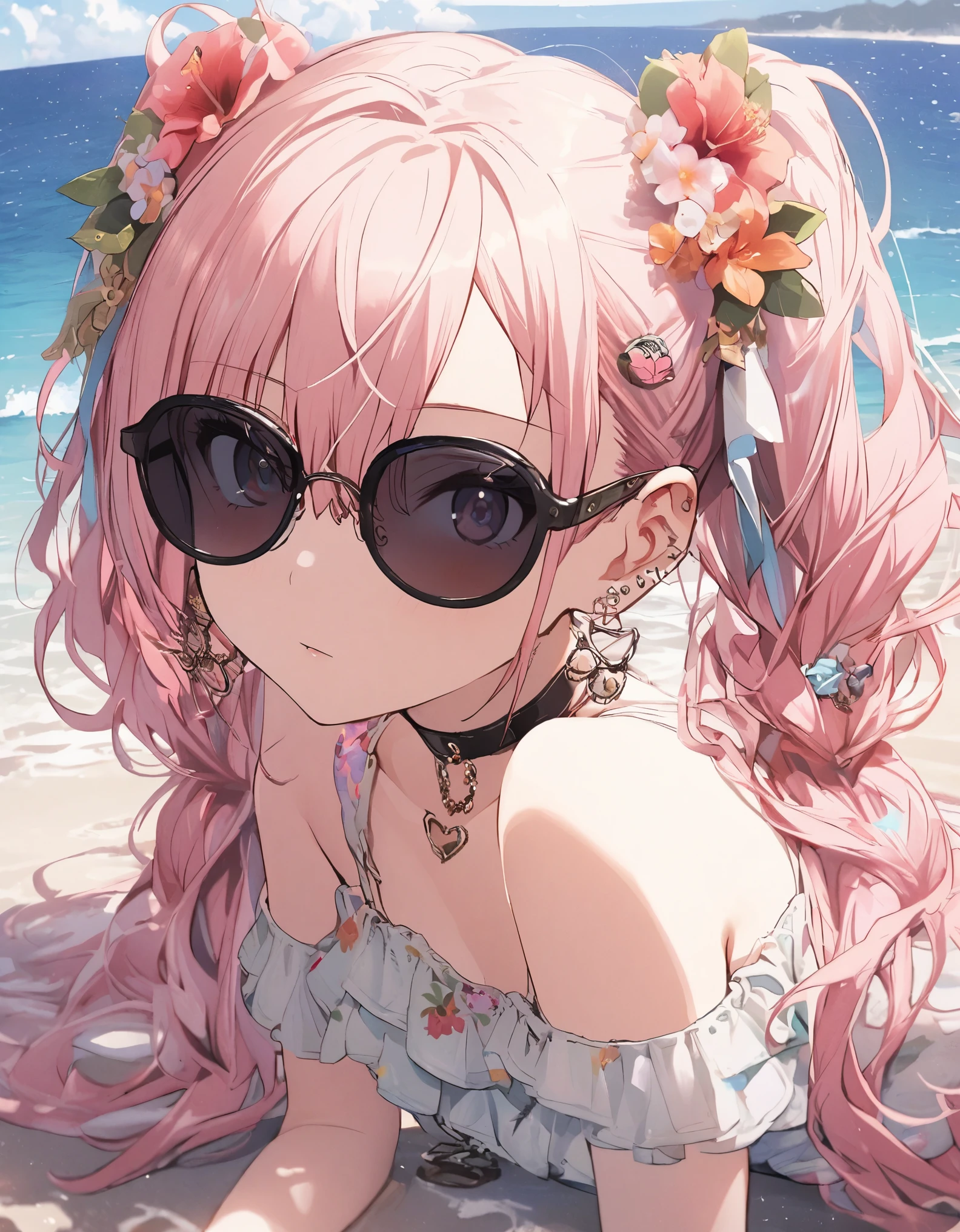 1girl, , kawaii, long hair, bangs, hair ornament, hair between eyes,lie down, bare shoulders,wearing bikini, jewelry, flower, Pink hair,twin tails,(((wearing sunglasses))), earrings, choker, hair flower, from front, beautiful sea, Sea background,