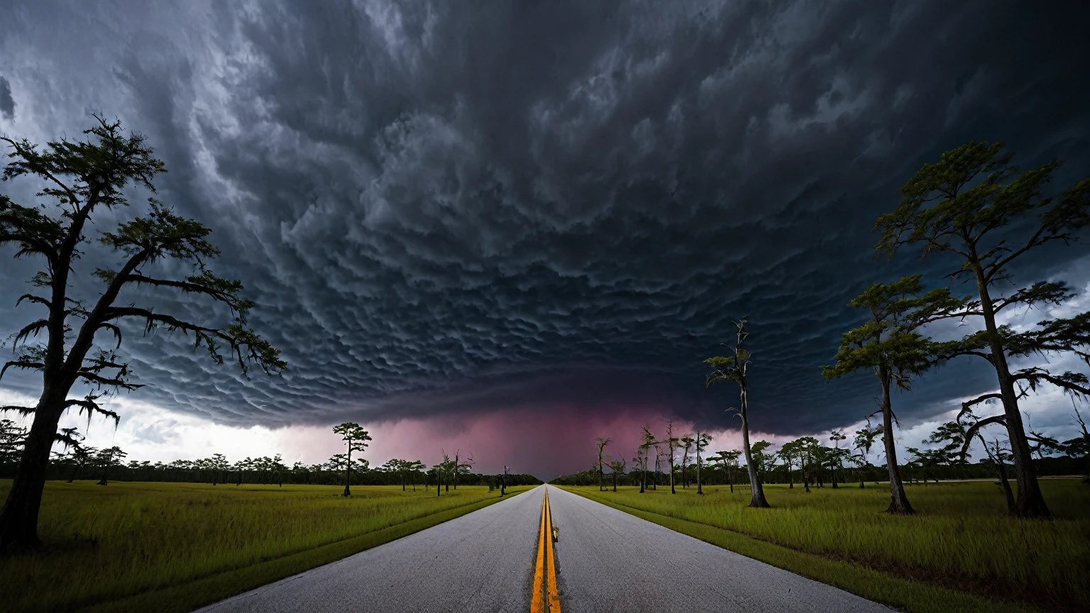 dark red & black storm clouds, scary clouds, darkness, horror, Louisiana, bald cypress trees, horizontal road, wide-angle shot, background
