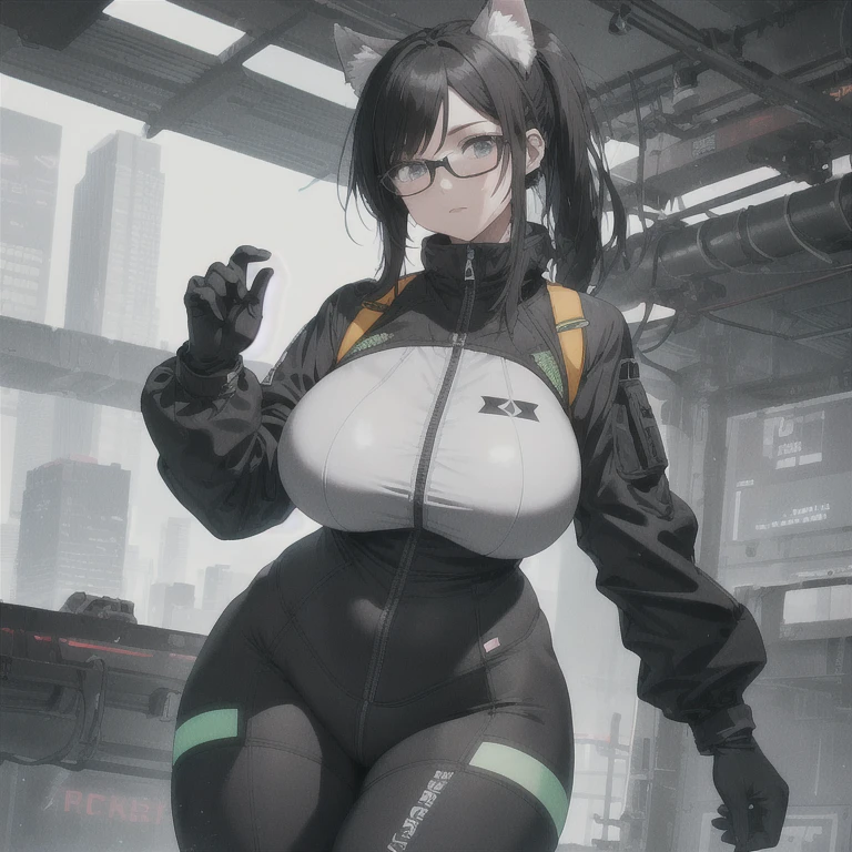 Absurd resolution,high resolution,(masterpiece: 1.4),hyper-detail,fullbody image,head to toe show,reference sheet style image,solo,shorter,A-Posed,glasses,kemono feline cat futanari,no skin other than neck and head shown,watertight environmental suit,black hair,messy ponytail,cute face,detailed soft grey luminous eyes,huge massive hyper super swollen heavy milky breasts,breasts so big that cover her whole torso and are bigger than her head while being so big they reach her bellybutton,extremely super large swollen perky heavy bust,super huge enormously gigantic tits,gigantic breasts stretching/straining out of her outfit looking like they are about to burst out,breasts compressed squishing barely contained in outfit,inflated breasts,breast_expansion,super gigantic swollen heavy tits,wide full hips,narrower torso and shoulders,smaller torso,narrower waist,full thicc big soft thighs,thicc big full thighs,big rounded full soft butt,thicc butt,ruggedized utility styled outfit,fully insulated suit,full body outfit coverage with no skin showing or revealed,airtight/watertight zippers and seals,scifi monochrome black and grey fullbody covering protective padding rugged loose-fitted pilot utility suit with strategically placed protective padding,white watertight zipper utility cropped top for breasts support with a black strap horizontal across cleavage worn on top of suit,tactical strategic angular-patterned protective padding on hips and thighs and abdomen,practical/functional clothing,weather-proof durable clothing material,nylon clothing material,custom made clothing to fit and support large breasts,scifi padded rugged rigid high collar cropped cutout fitted techwear jacket,armored high collar,white and black triangular decals and techwear iconography on apparel and clothing,techwear gloves,ruggedized tech,ruggedized tech aesthetic,fitted utility pants,utility chaps,near future scifi,cyberpunk aesthetic,anime aesthetic,tactical aesthetic,nasapunk apparel,death stranding